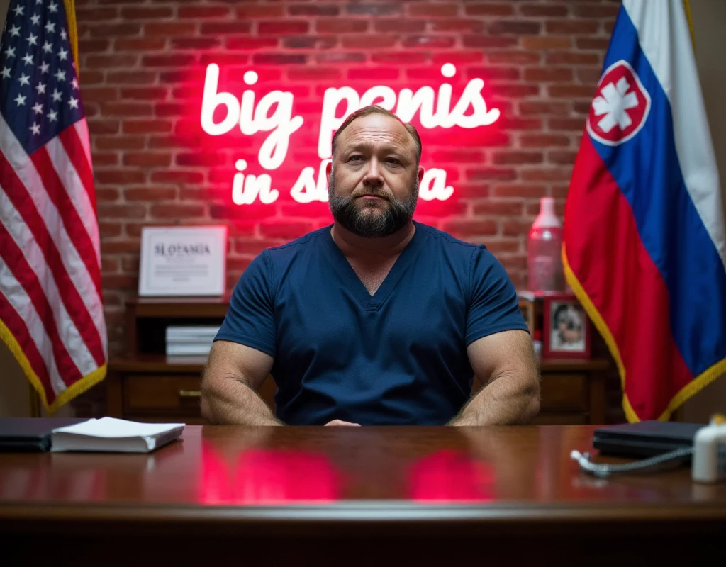 Realistic photo! Doctor's office, beautifully decorated , behind the doctor's head there is a neon sign with the inscription "BIG PENIS IN SLOVENIA", the US flag and the Slovenian flag hang on the wall, a muscular doctor is sitting at the table, looks straight into the camera
