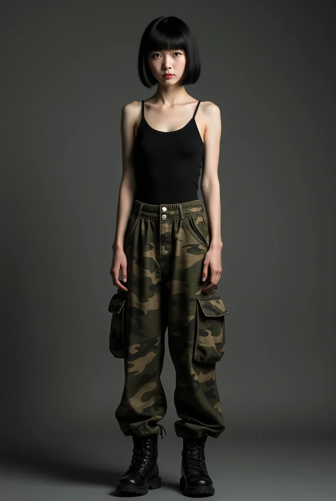 arafed woman in a tank top and cargo pants standing in a room, a hyperrealistic painting inspired by Ion Andreescu, instagram, hyperrealism, 2 4 year old female model, y2k style, y 2 k style, physical : tinyest midriff ever, tinyest midriff ever, postapocalyptic vibes