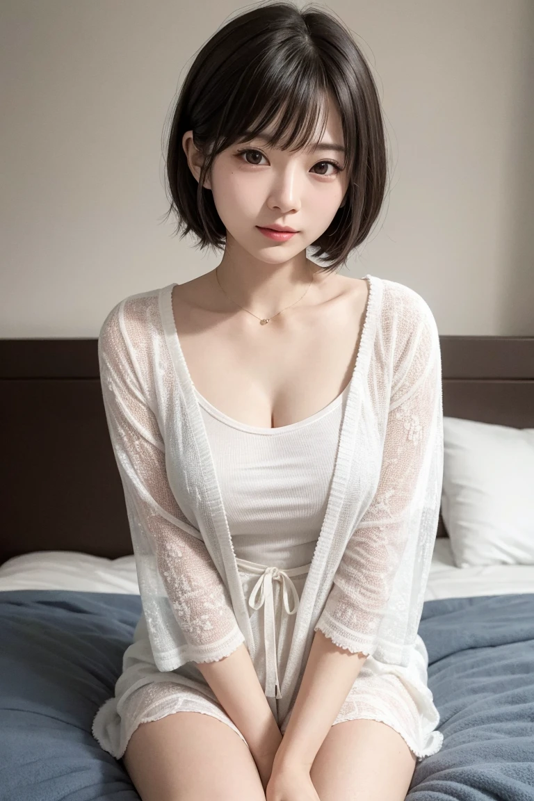 (Photorealistic: 1.4), masterpiece, ultra high resolution, RAW photo, best quality, (hands on chest: 4.0), (open mouthed smile: 4.0), (big smile: 1.5), (white teeth: 2.0), raw photo, Japan beautiful wife 1, 18 years old, pure white skin, petite and six-headed woman, (sexy: 1.4), (cute: 3.0), (eyes with the corners of the eyes down: 2.0), ( Big, round eyes: 3.0), (moisturized eyes: 3.0), (looking up at the camera: 3.0), (looking at the front: 2.0), (looking forward: 1.5), (eyebrows falling into a figure eight: 2.0), blush, slender, (black short hair: 1.5), bangs, exposed chest, exposed crotch, uniform, miniskirt, panchira, white lace panties, (love hotel room) :3.0)、