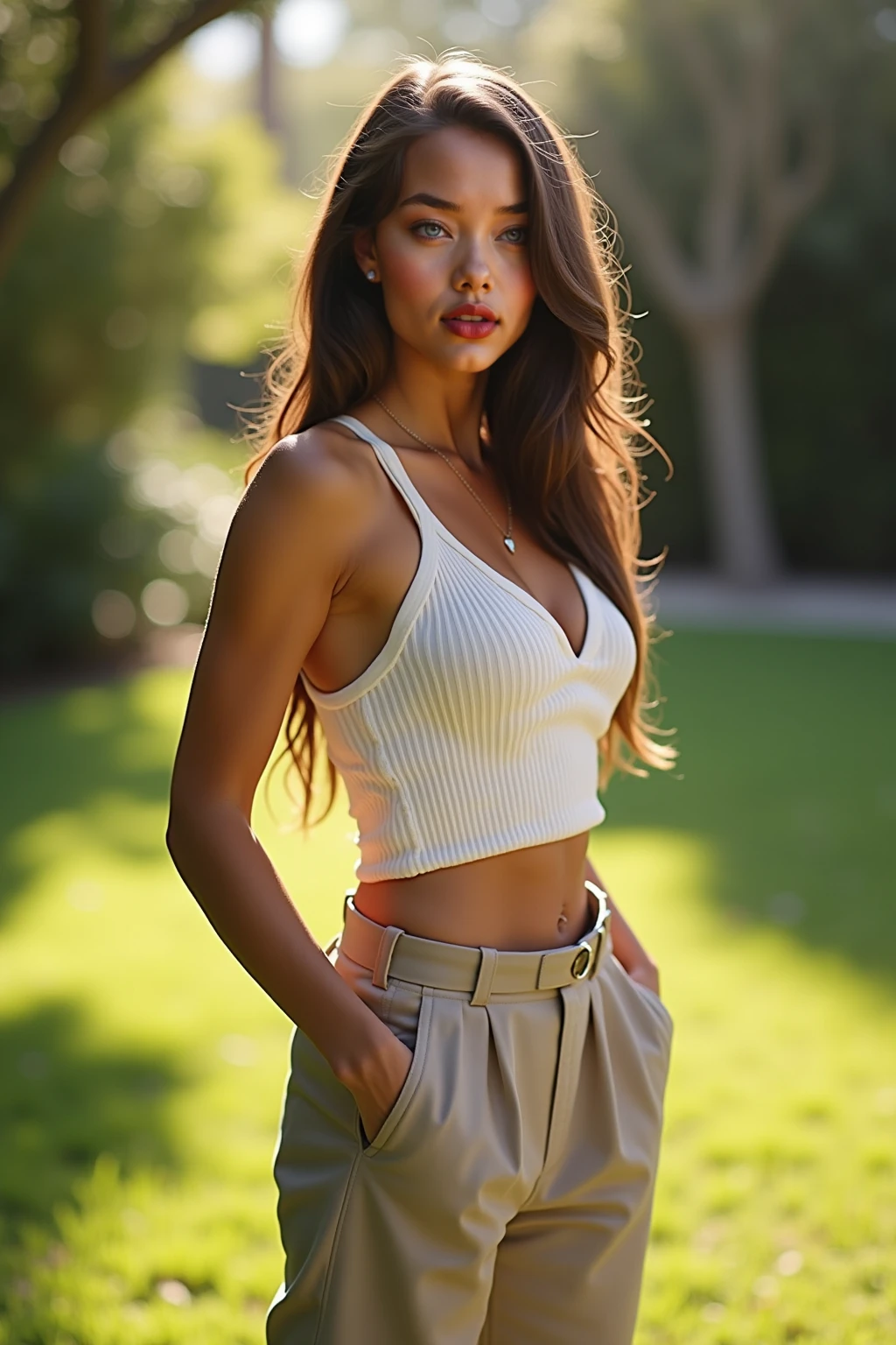 

“A photorealistic portrait of a 21 year old Brazilian girl with long, flowing brown hair, slightly full lips, lightly defined cheeks, striking light brown eyes and long eyelashes, and a slightly but not overly tanned Latino complexion. She must have beautiful and fine facial features. It should have a natural and accessible expression and be lit by the soft golden light of the sun. The background should be a picturesque outdoor setting, perhaps a sunny park or beach. Capture this image with high-resolution photography using an 85mm lens for a flattering,

Posture: Standing on a cobblestone street in a picturesque town, her hands in her pockets and a confident smile on her face, her body turned slightly to the side.

Outfit: A stylish, casual outfit of a fitted tank top and a flowy skirt, paired with comfortable sandals.

Background: The street is lined with colorful buildings, blooming flowers, and small cafes, creating a charming, lively atmosphere.”