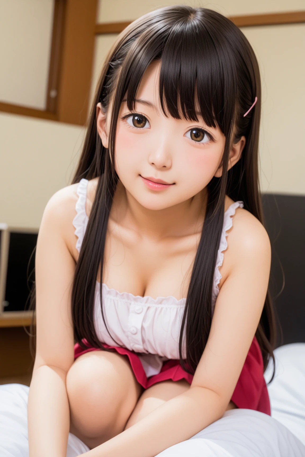 masutepiece,Best Quality,ultra-detailliert,Realistic,Ultra-realistic photos,Distinct,8K Wallpapers, high-definition RAW color photography, Professional Photography,16-year-old girl,Bedroom,(Solo, 1girl in),hight resolution,Beautiful face in every detail,Realistic human skin,detailed thigh,Realistic thighs,(Detailed and photorealistic faces: 1.2), (Highest Quality: 1.2), (eyes with double and long eyelashes:1.6),(Shy look:1.7), (beautiful and very large udder:1.5),(H Cup Big:1.4) ,Emphasis on the chest,Blue eyes,Moist eyes,Bright's Hair,Hairstyle is ponytail,Wearing a hair band,damp hair,It is a powerful expression even when looking at the camera,Idol-style face, pleatedskirt,((Lie down with your knees bent and your legs spread.:1.8)), (Showing white and pink striped string panties:1.9),((Hands behind the body:1.9)),(Emphasis on the chest:1.1)),((cowboy  shot:1.2)),(panty focused:1.5),perfectbody, ((she wears a tight white t-shirt:1.8)), Look at viewers, Young Face,,High resolution,Professional Lighting,physically-based renderingt,A sexy