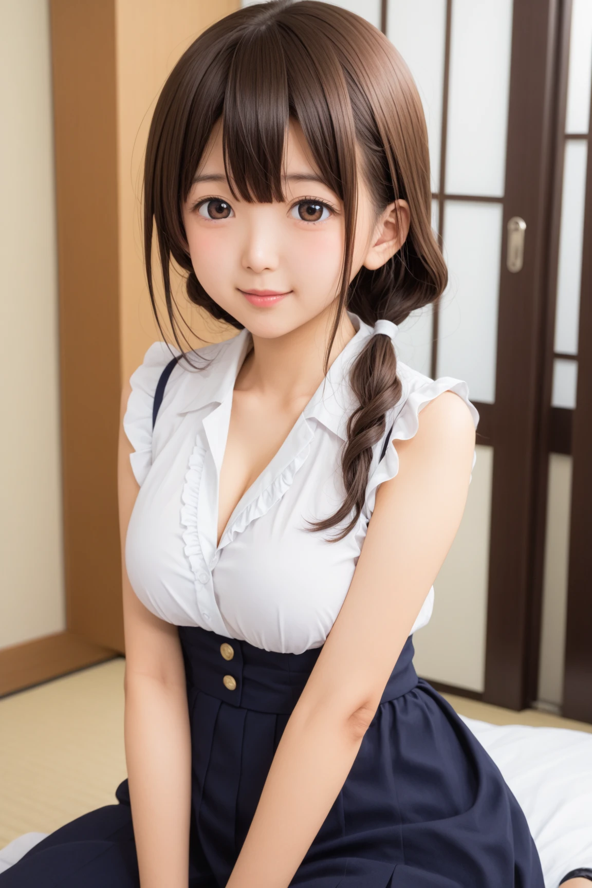 (highest quality、8K、masterpiece、High resolution、genuine、3D),Best Quality、15 years old, (cleavage), elementary school face,lolita,mascara, cute smile, loli, loli、bangs