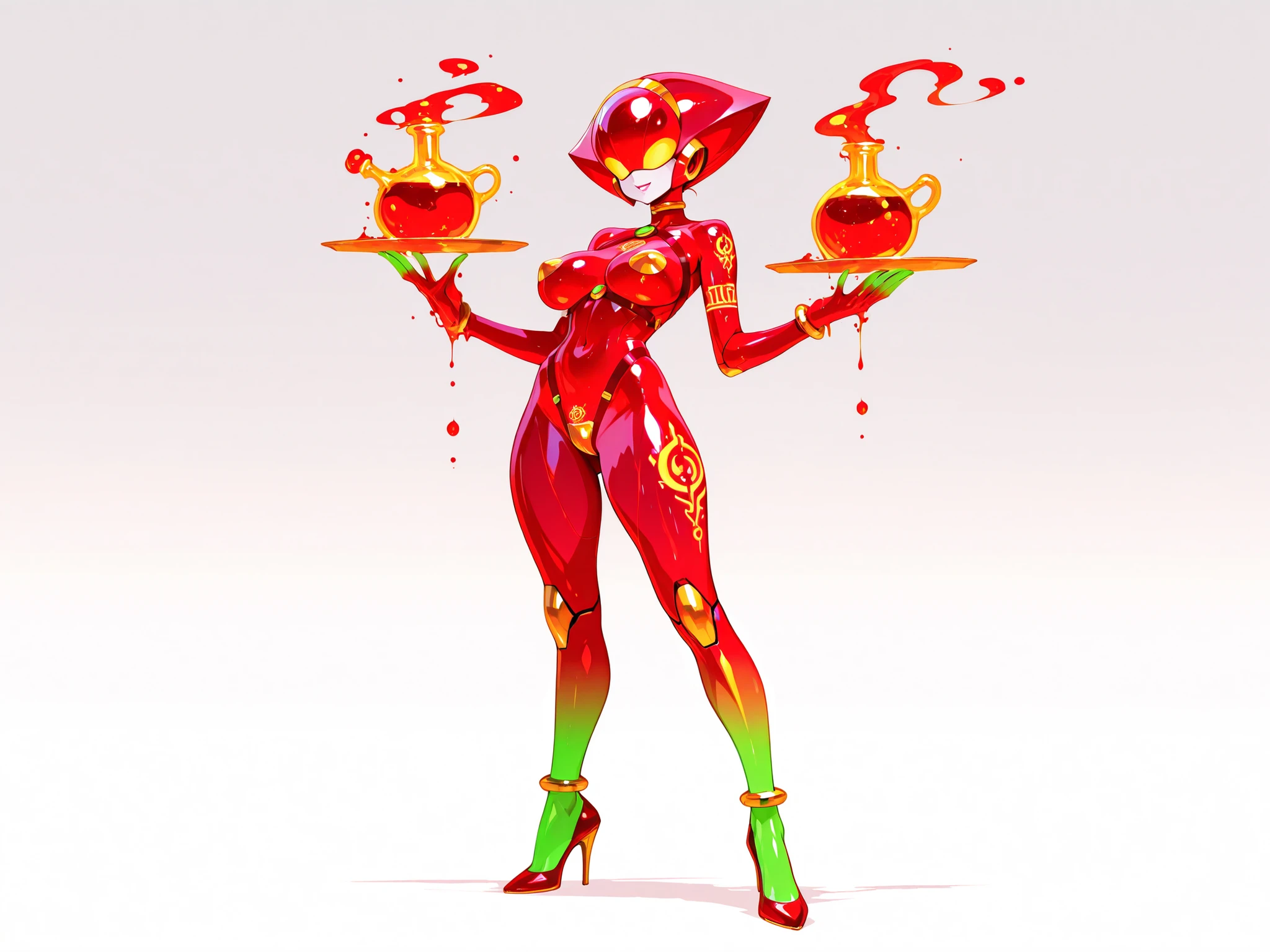 Alchemy. Tattoo, potions . android woman,, gradient color skin. strap high heels, red gold and green