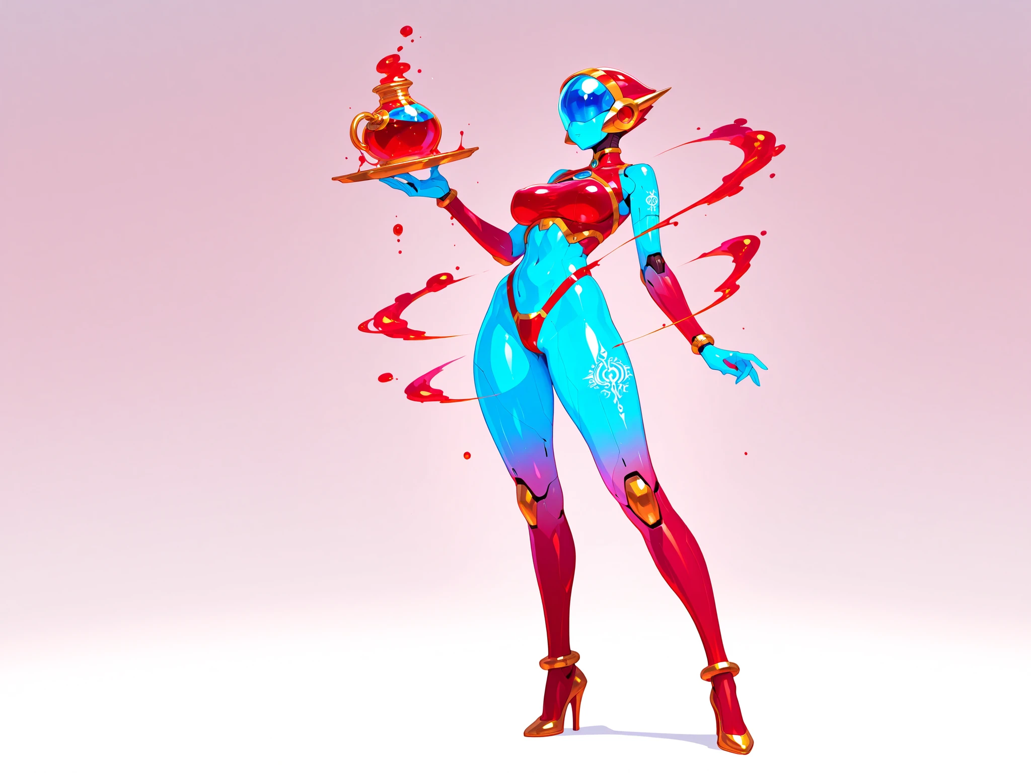 Alchemy. Tattoo, potions . android woman,, gradient color skin. strap high heels, red gold and blue