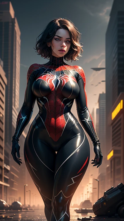 beautiful sexy girl, short brunette hair, purple eyes, Spider-Man 2099 costume, bright smile, cobweb, lightning, (best quality,4k,8k,highres,masterpiece:1.2),ultra-detailed,(realistic,photorealistic,photo-realistic:1.37),digital art, fantasy, dynamic pose