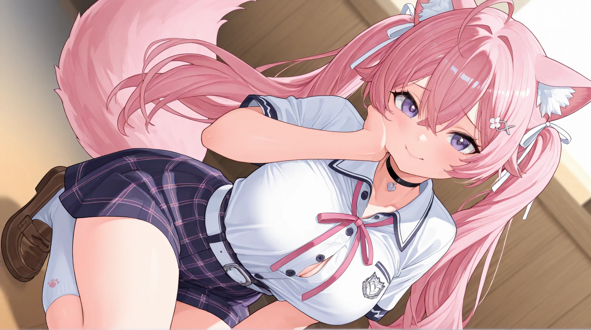 cute, girly, 1girl,pink hair, pink eyes, long hair, two side up, flat chest, (blue stripe panties:1.3), (white t-shirt:1.2), bottom less,(looking at viewer:1.4), sitting, bedroom, (annoyed:1.1), pov, 1boy, handjob, veiny penis,cuddling handjob, trembling penis, (xprecum:1.4),( evil smile:1.2)