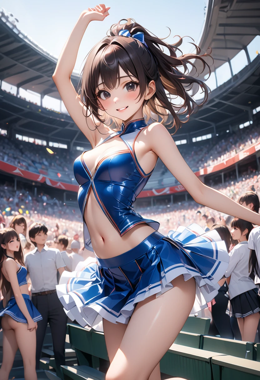 (solo:1.3), (1 skinny cheerleader rooting for viewer:1.2), (violently bouncing large breasts:1.2), cleavage, (dancing violently:1.2), shaking chest, open legs, BREAK, (short cheer uniform), sleeveless, bared stomach, (flapping too short skirt), show off thigh gap, long skinny legs, bared legs, skinny too narrow waist, very short torso, BREAK, nsfw, orgasm, heavy breathing, pussy juice, (coverd erectile nipples), (forced smile but feeling fear)