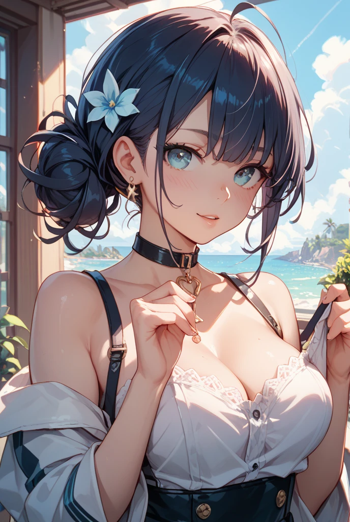(best quality), (Super detailed), (Best Illustration), (1woman), look at viewer, (flower pattern bikini), (Big Breasts:1.2), {brown hair, (bob cut:1.2), curly hair, hairs between eyes}, {(detailed eyes), heart-shaped pupils, blue eyes}, seductive smile, nose blush, sweat, steam, earrings, white hairband, beach