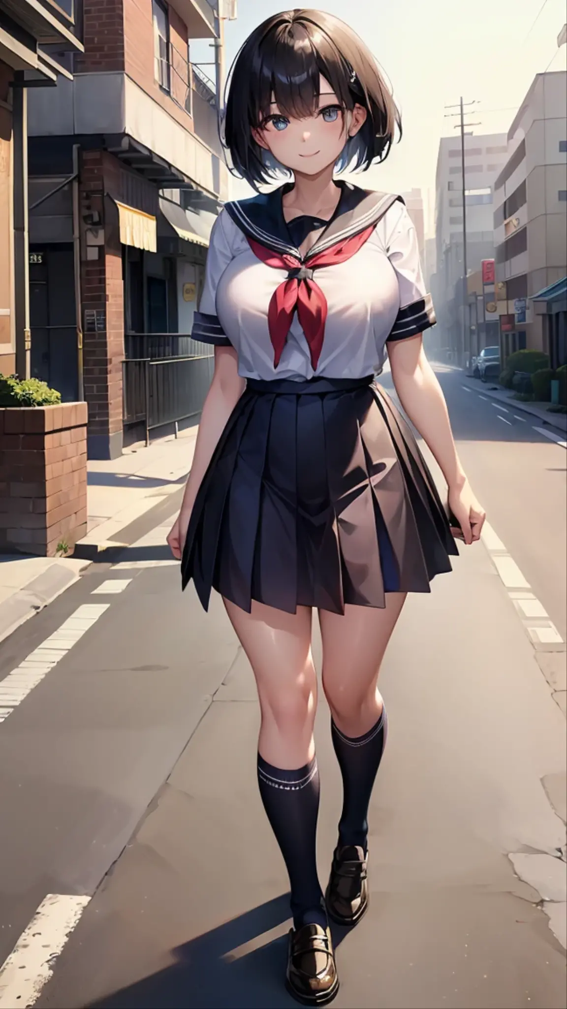 (morning, crossing, neighborhood, schoolway :1.4), high resolution, extremely detailed CG, unity 8k wallpaper, super detailed skin, perfect anatomy, detailed, cinematic lighting, dynamic lighting, beautiful eyes, black short hair, closed eye, (smile:1.2)、(looking at viewer:1.8), (huge breasts:1)、 (sailor uniform, knee high socks, school shoes, school bag), (gleaming skin:1.2)、
(arms behind back, walking:1.3), (showing panties:1.2),