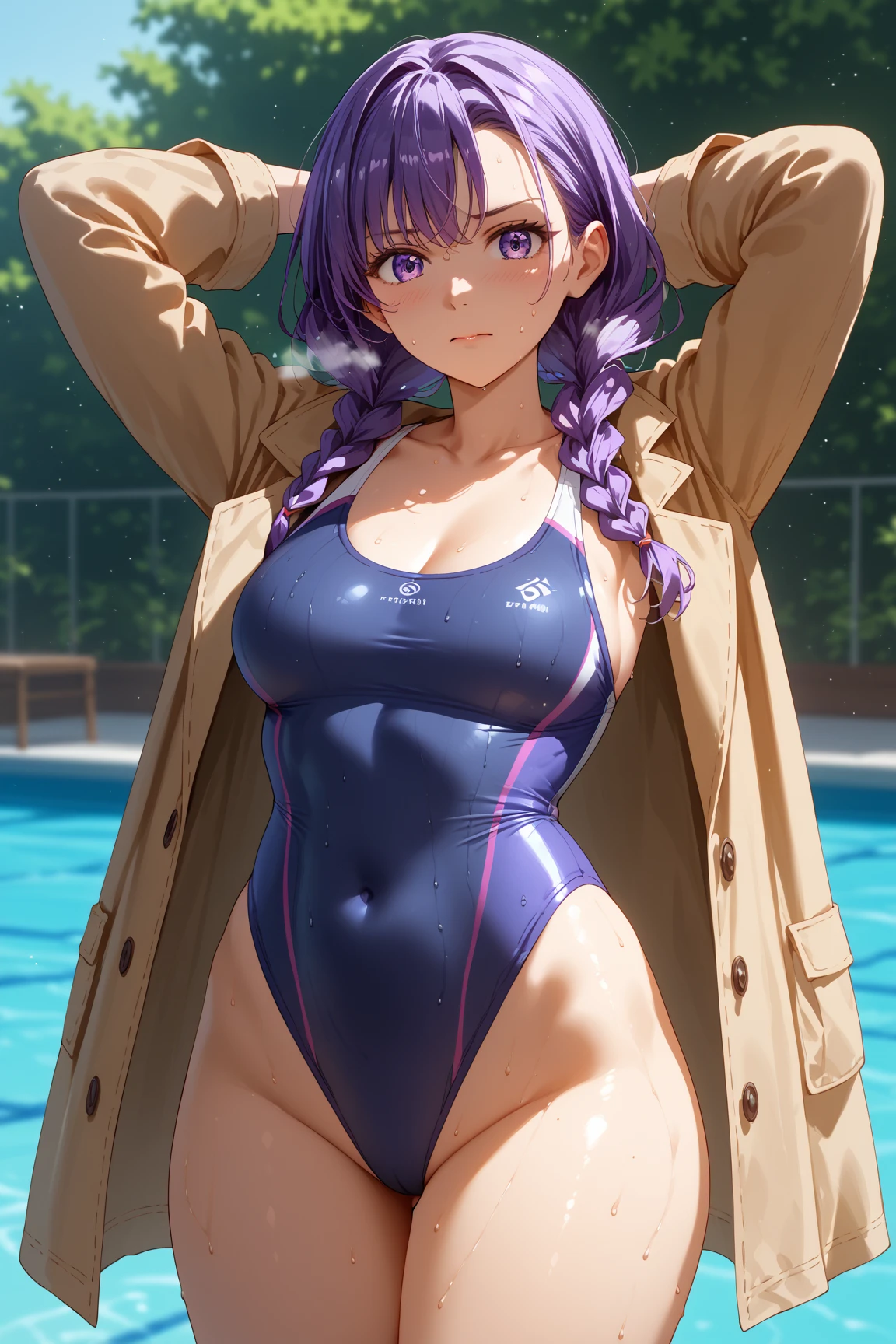 Masterpiece,best quality,1girls,raiden shogun,purple hair, purple eyes,asymmetrical bangs,genshin impact,school swimsuit,looking at viewer,facing viewer,smile,blush,medium breasts,standing,close-up,from front,outdoor,pool,warm sunlight,depth of field,<lora:One_Piece__Style:0.9>,OPstylee,