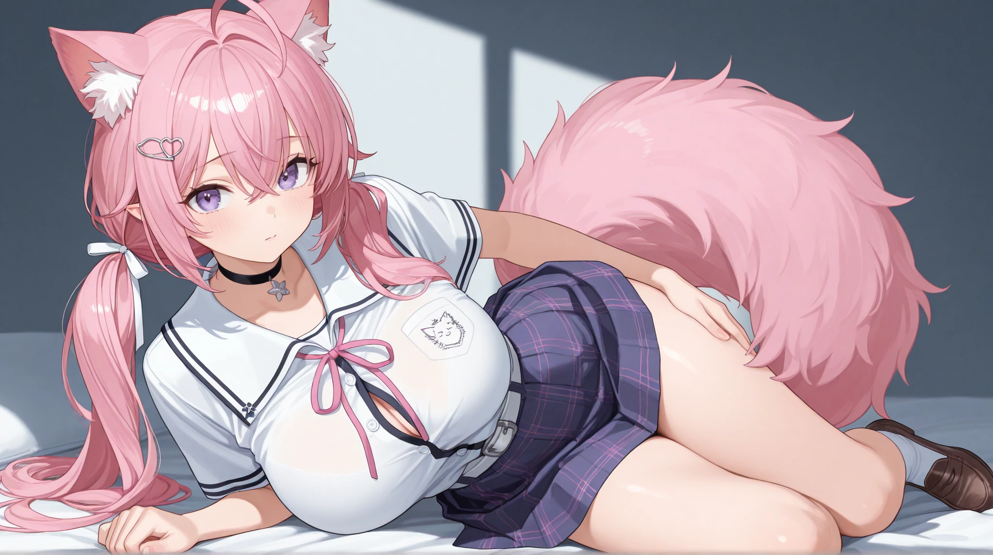 Best quality, Pink hair, Large breasts, cleavage, navel, T-shirt, ((Bra)),Clothes lift, Skirt, Lying, full bodyesbian, Perfect body ,Sitting, Underarms
