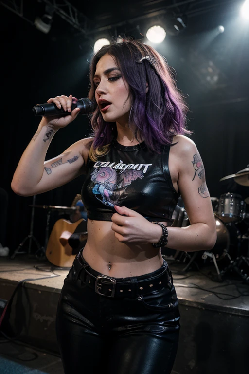 chica rock star , black shirt, pantalon roto, purple hair singing in concert
