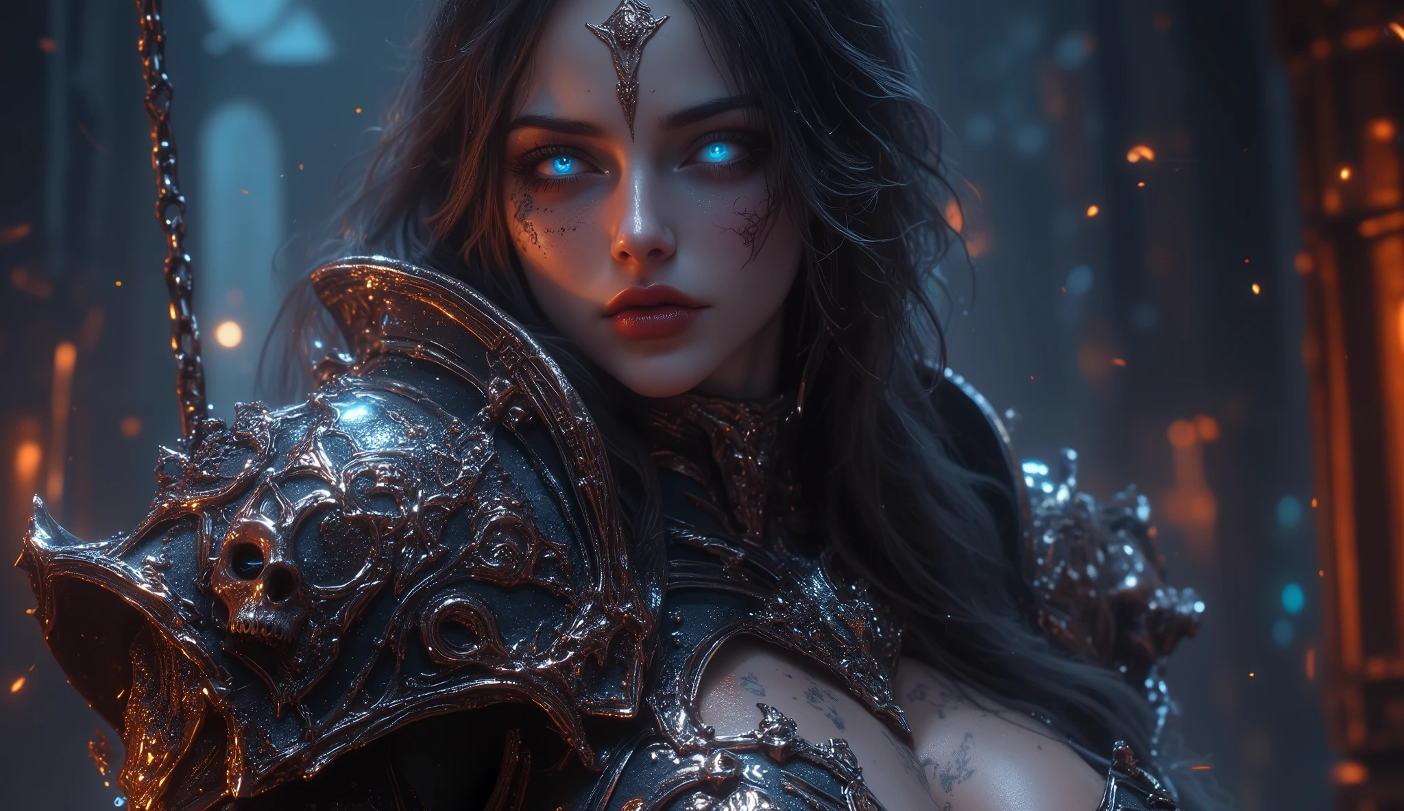 Create a hyper-detailed photo of a tattooed, jungen, sexy female berserker death knight, Breathtakingly perfect beautiful soft feminine face, Perfektes Make-up, detaillierte, glowing Florent neon eyes, langes Haar, hochdetaillierte, beautiful legs , hochdetaillierte, beautiful arms, perfekte, sexy Sanduhrfigur, detailed smooth skin , riesige Brust, big round ass, sexy seductive transparent death knight armor, Ketten-Schmuck,