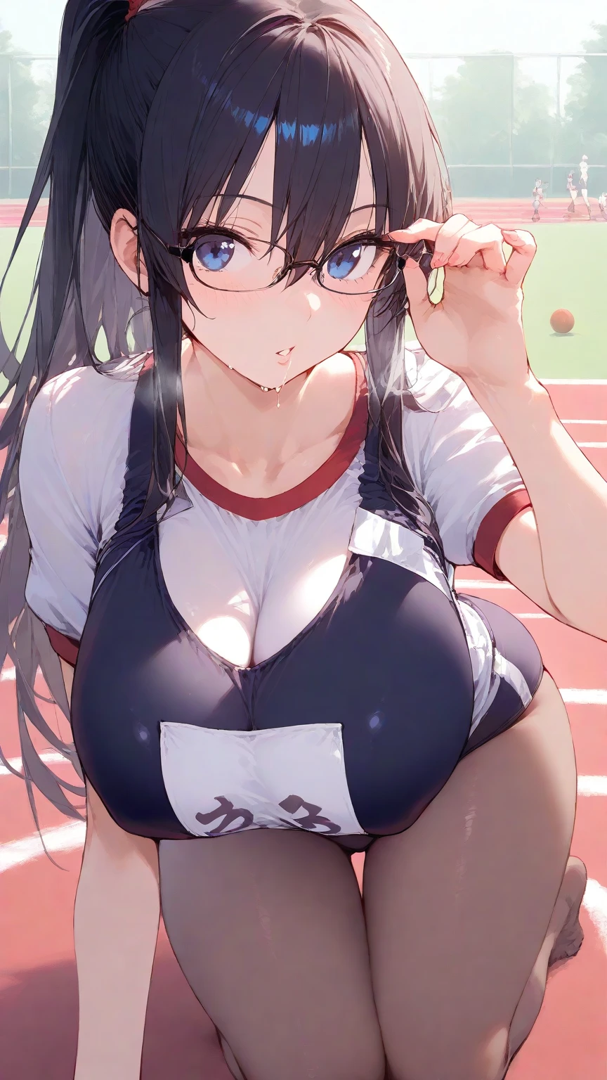 (((masterpiece))),highres,absurdres,(((best quality))),official art,looking at viewer,indoors,leaning forward,1girl,kasumiprcn,dog ears,animal ear fluff,ponytail,gym uniform,cleavage,yoga pants,
blush,embarrassed,