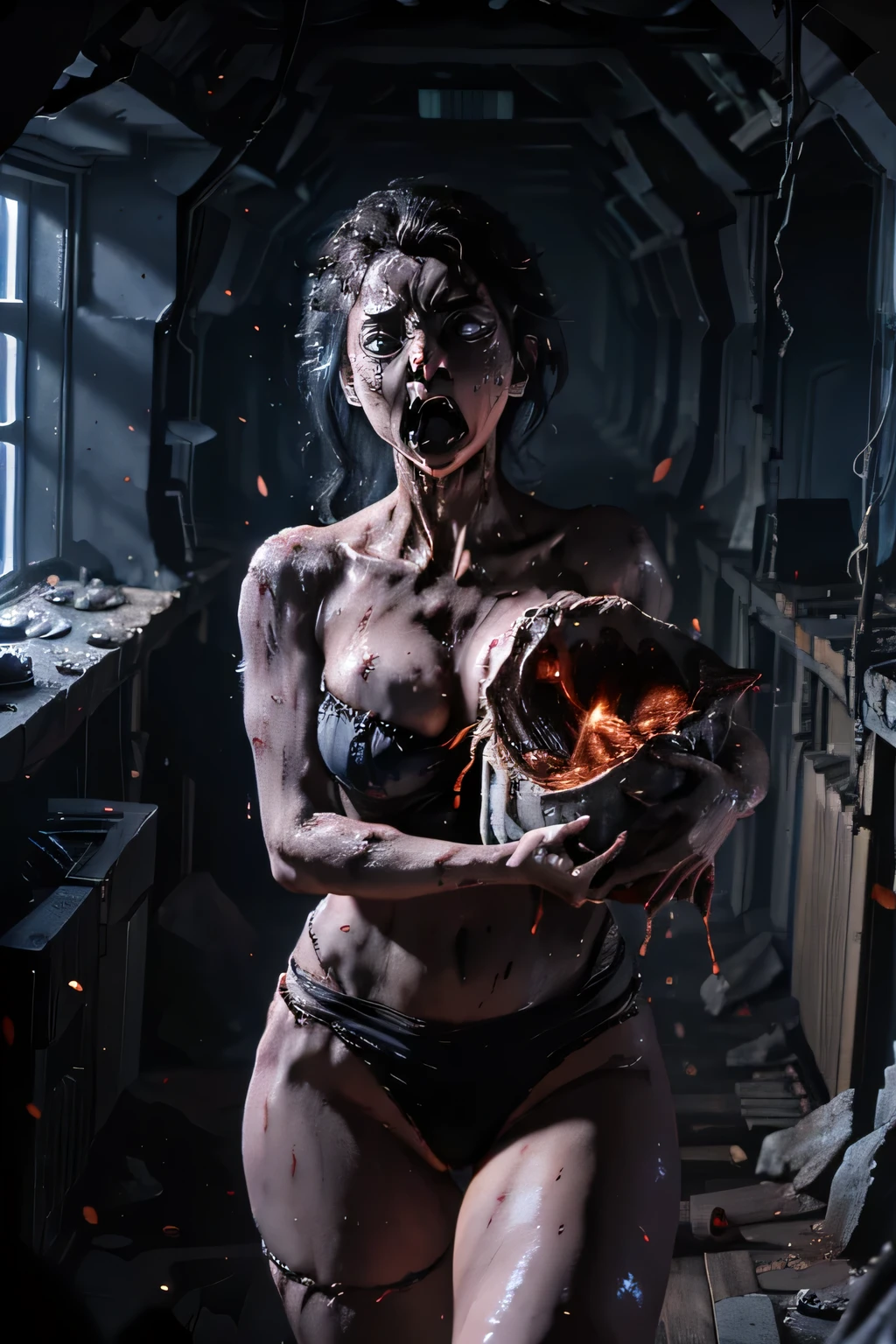 1girl, ((Frankenstein_girl:1.2)), ((stitches_face)), (((green glowing eyes))),((glasses)), ((mohawk hair)), ((blonde)), ((vampire laugh)), (sharp teeth), (gold_watch:1.2), (gold_chain_necklas:1 2), (wearing purple old suit), standing, full body, wide shot, medium breast, cleavage_cutout, (tesla laboratory background),
