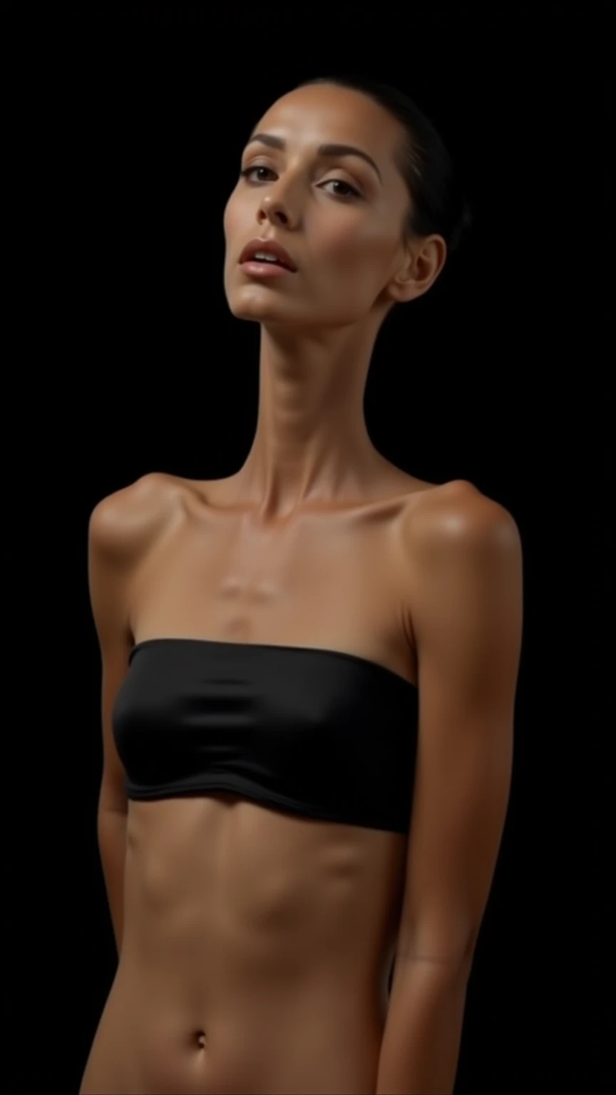 (ultra realistic, highly detailed:1.4), best quality, 18 yo. boy, androgynous, messy hair, (flat chest:1.2), (black spaghetti strap top:1.2), sports shorts, midriff, bulge, (longneck:1.6), tall