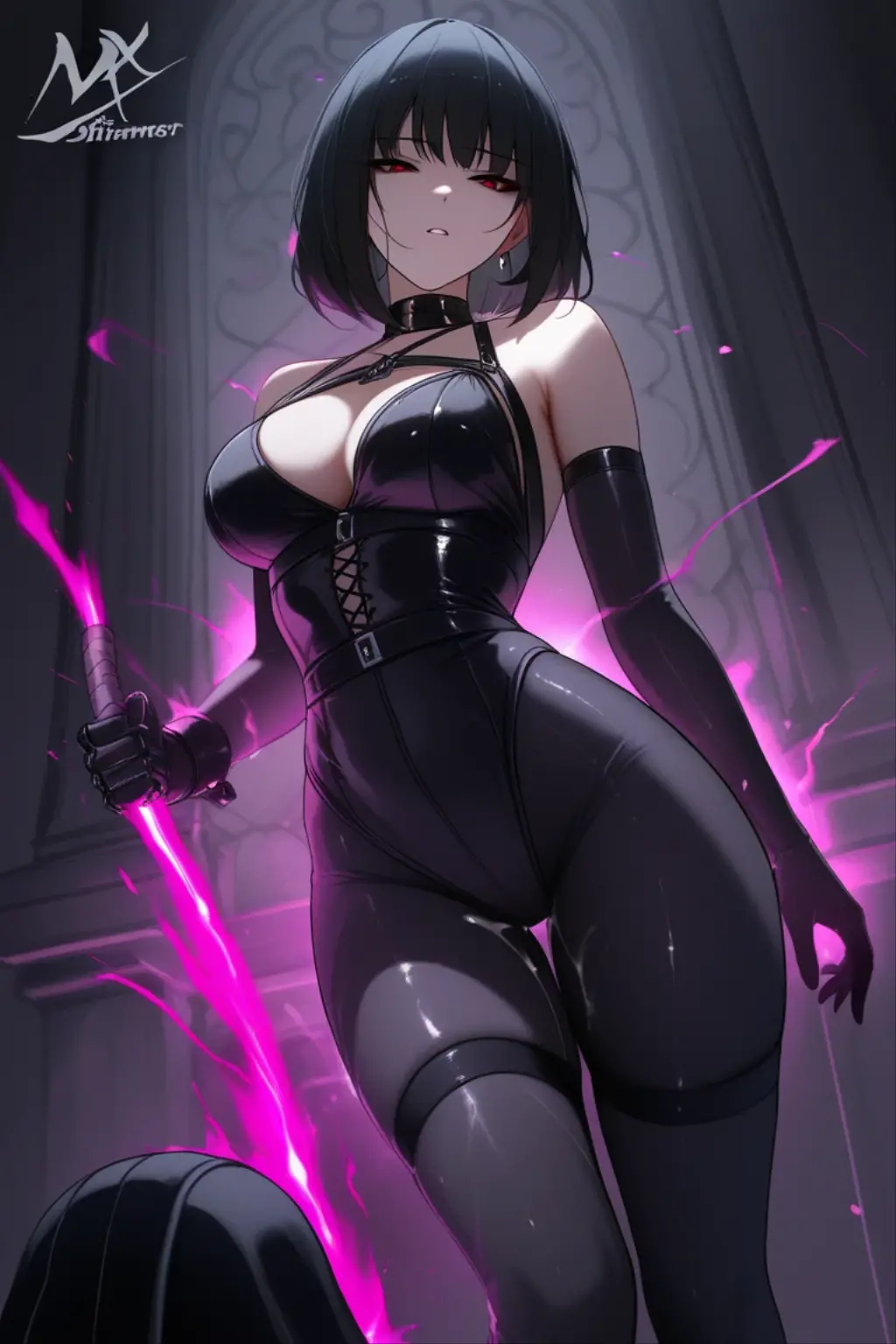 masterpiece, a beautiful girl, pink sparkly eyes, big leg thighs, wide waist, big , long legs, black jacket with spikes, micro bikini, black jeans with chains, sparkles and effects, gloves black without fingertips, irritated, thin waist, short abdomen, back to spectator, photo from bottom to top
