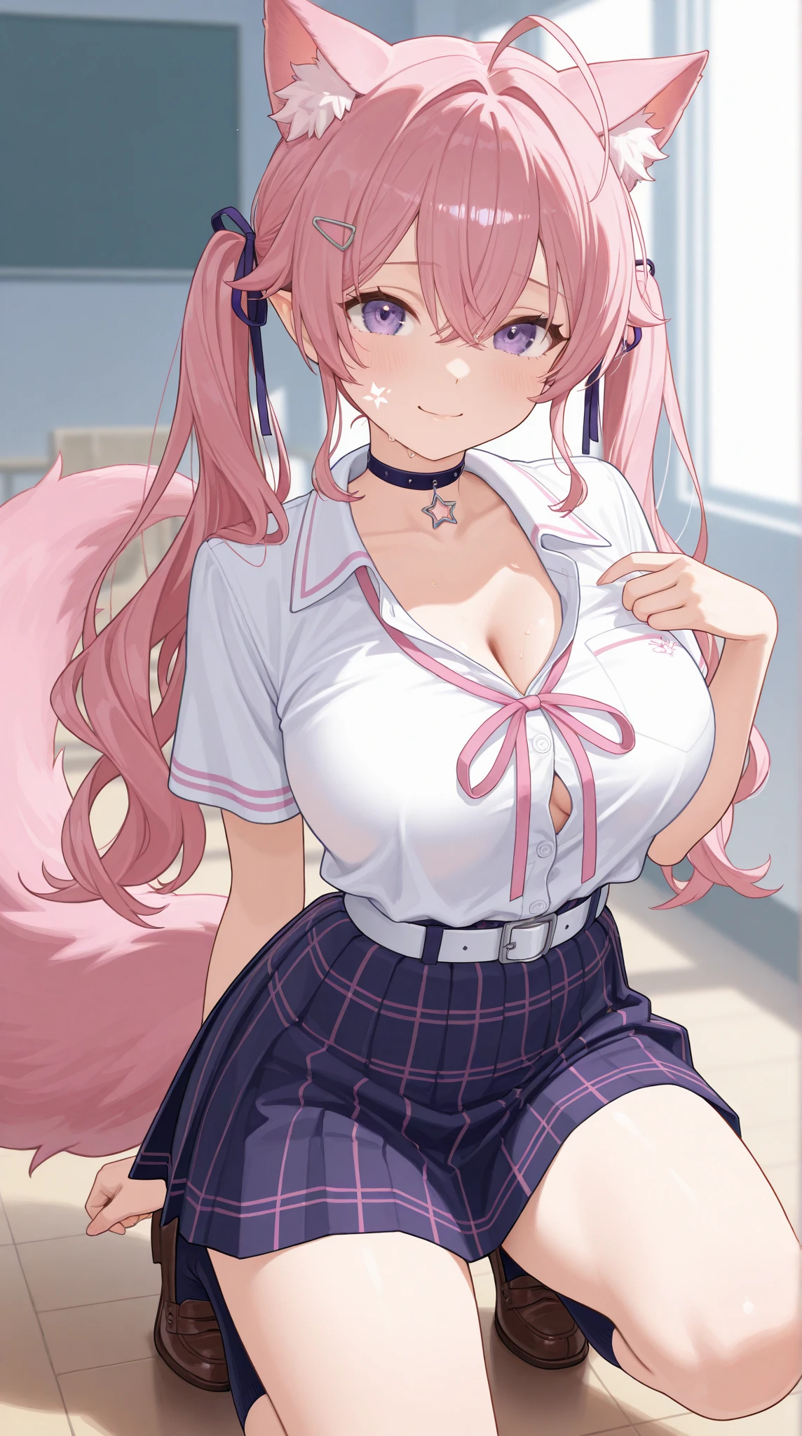 (masterpiece、Highest quality、Very detailed)、((1 Girl))、((Pink Hair))、((Twin tails))、((Bright Blue Eyes))、Wicked Smile、((Grin))、vapor、Earrings、((Very large breasts))、((Open clothes White shirt))、((white Lace Bra))、((Black pleated skirt))、Black socks、((One boy))、((penis:1.2))、((Standing Footjob POV)) 、Bedroom Background、((Browsing Caution)),NSFW,sex,pussy,pussy line