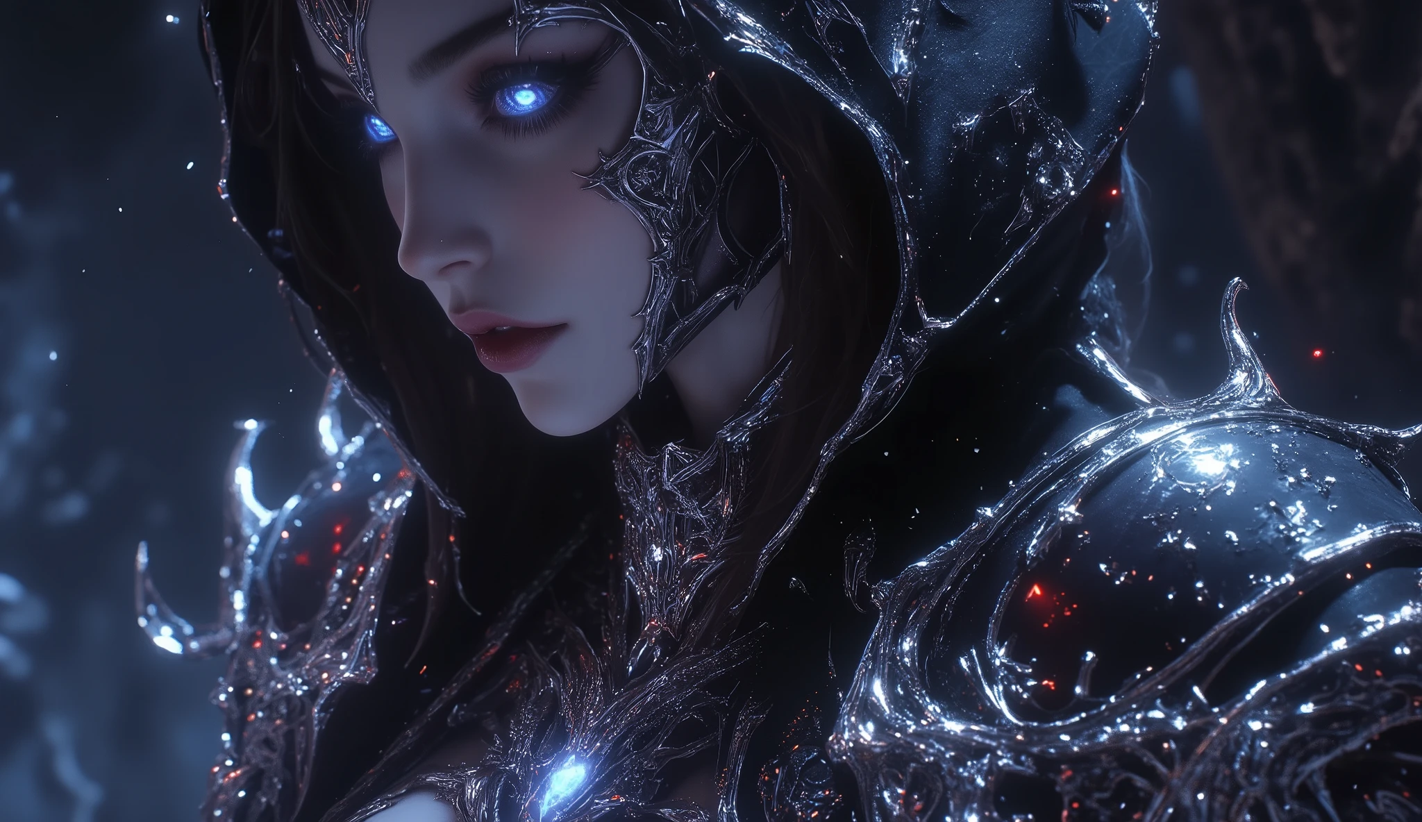 Create a hyper-detailed photo of a tattooed, jungen, sexy female berserker death knight, Breathtakingly perfect beautiful soft feminine face, Perfektes Make-up, detaillierte, glowing Florent neon eyes, langes Haar, hochdetaillierte,  beautiful legs , hochdetaillierte, beautiful arms, perfekte, sexy Sanduhrfigur,  detailed smooth skin , riesige Brust, big round ass, sexy seductive transparent death knight armor, Ketten-Schmuck,