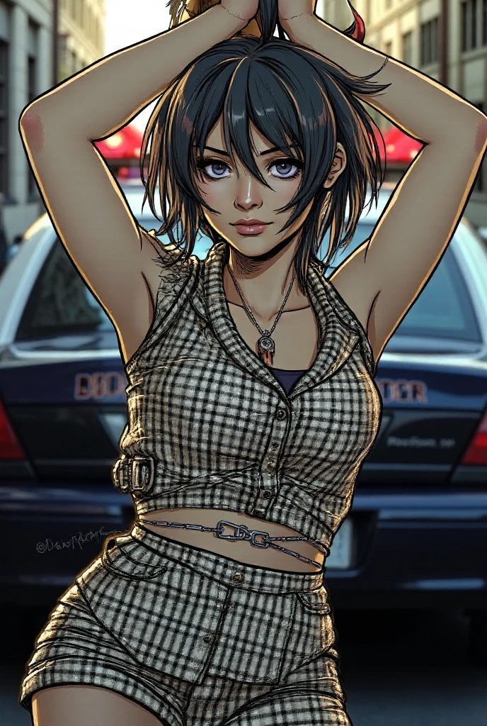 (best quality,4k,highres,masterpiece:1.2),ultra-detailed,(realistic,photorealistic,photo-realistic:1.37),portrait,young woman,short black hair,blue eyes,detailed eyes,long eyelashes,serious expression,denim jacket,white rock band print t-shirt,(holding a gun in her left hand),standing near a car,edgy pop art,hyper-detailed,enhanced details,high quality,realistic style.