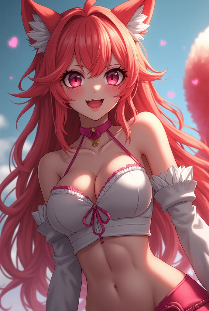 1 fox anime girl, bikini, openpose, big breasts, fox ears, pink hairs, leaning forward, squeezing breasts, Высокое разрешение, Лучшее качество, Детально, HD-модель