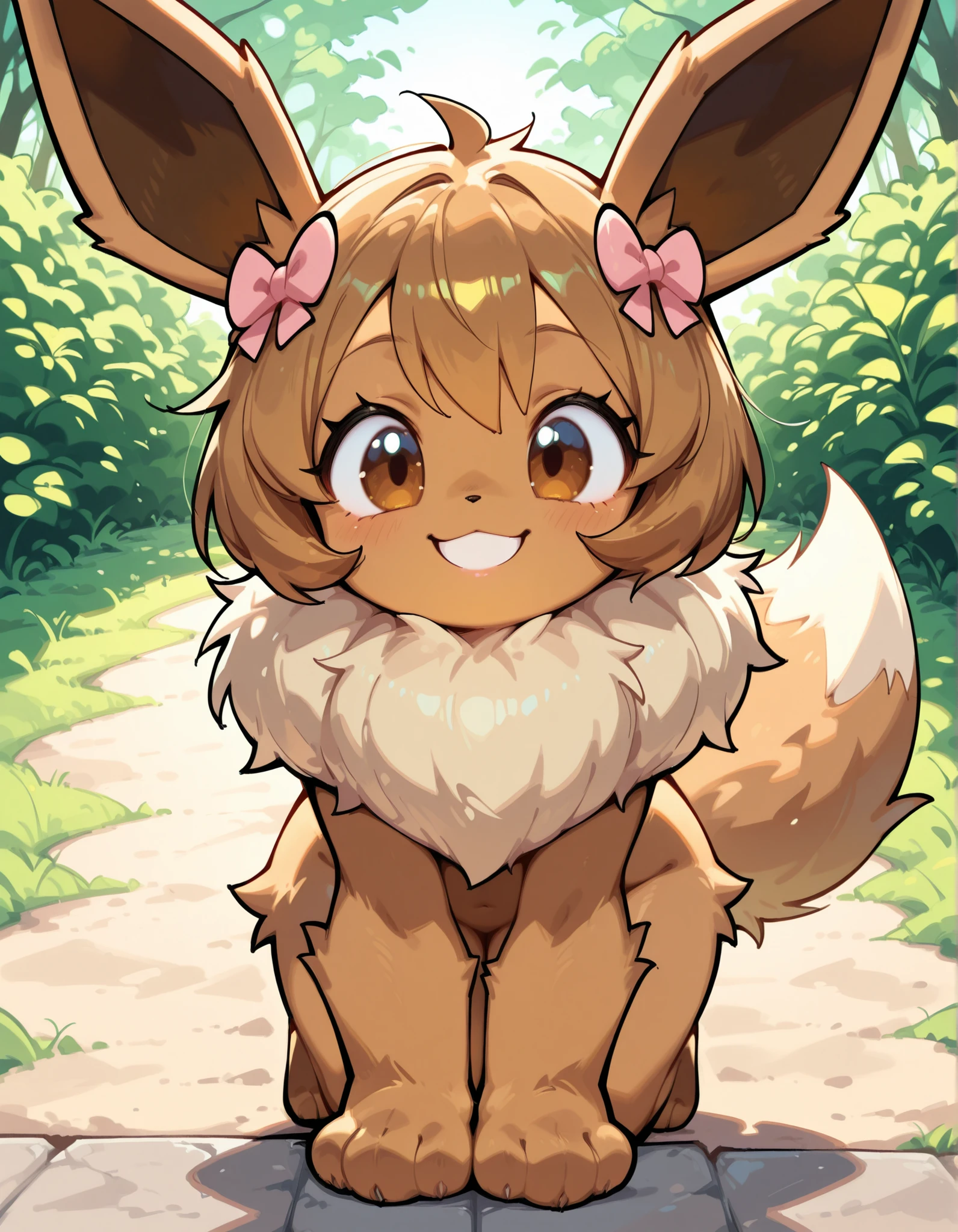 CuteToon_ST,, pokekid, eevee, fluffy girl, furry girl, female, smile, smiling, has a big pretty bow in her hair, has animal paws for hands, 1girl, best quality, outdoors, high definition, cute,