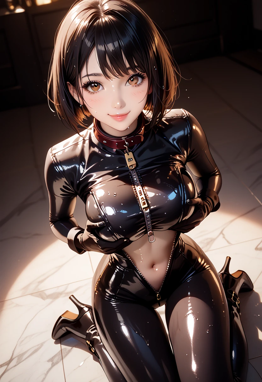 masterpiece, best quality, high quality, perfect anatomy, ultra detailed, perfect design,
BREAK,
1girl, beautiful detailed face, realistic skin, shiny glossy skin,
BREAK,
brown eyes, realistic eyes, ultra detailed eyes, beautiful high light eyes, droopy eyes, eyelash, double eyelids,
BREAK,
brown hair, bob cut, short side hair, thin hair, swept bangs, shiny glossy hair,
BREAK,
painful expression, open mouth, tongue out, feeling weak, embarrassed, nose blush,
BREAK,
((black elbow gloves)), (((fishnet tights))), (((black crop top leotard))), intense and extreme latex reflective, open navel, (((cleavage cutout of heart))), (puff sleeve), ((((small breasts)))), (erection of nipples), (((wedgie))), black long boots, (cameltoe),
BREAK,
lying on the bed, on back, spread legs, legs up, hands up, from above, looking up, focus face,
BREAK,
luxury hotel room, pink bed, top light, warm light