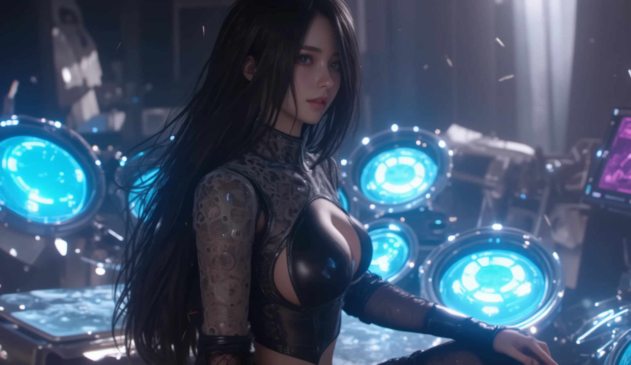 ((best quality)), ((Masterpiece)), (details:1.4), 3d, Beautiful cyberpunk female body with thick hair, I'm real., full body, big breasts, details face, light particles, Pure energy, anti-chaos, anti-technology., HDR (high dynamic range), Ray Tracing, nvidia RTX, Excellent resolution, Not true 5, subsurface scattering, PBR surface after processing, Anisotropic filtration, depth of field, Maximum clarity and clarity, multi-layered surface, Albedo and special maps, surface shading, Accurate simulation of light material interaction, perfect proportions, Octane rendering, Duo tone illumination, large aperture, Low ISO value, white balance, 8K raw files