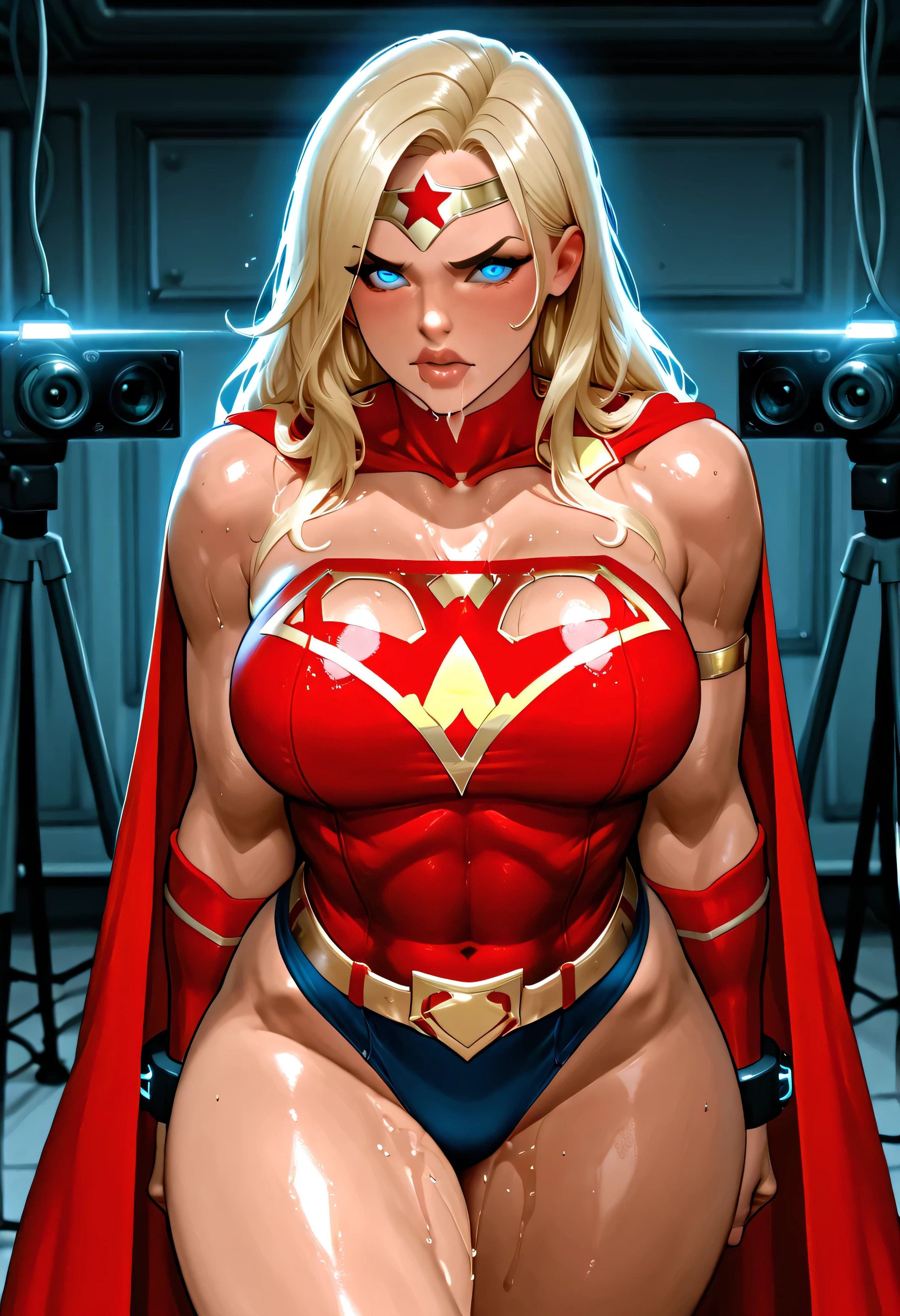Masterpiece, ((330 lb)), the beauty of a goddess, enhancer image, ultra-detailed face, ((8 0 s art Marvel comic book cover:1.3)), ((front view)), ((superhero stance)), blonde, ((elegant 80s style volumous hair)), vintagepr0n, ((fringe)), caucasian, ((sex seductive look)), ((Thor from Avengers)), ((detailed thor helmet)), cape, ((glossy skin)), 8 0 s atmosphere, ((oiled skin)), ((smiling)), MASSIVE MUSCLES, RIPPED, sweating, stunning, smooth, ((eyeliner)), simetric, ((wide hips)), ((hourglass waist)), perfect proportions, red lips, cleavage, ultra realistic, ((pubic hair)), thick, cinematic light, speech ballon, ((comic book panel background))