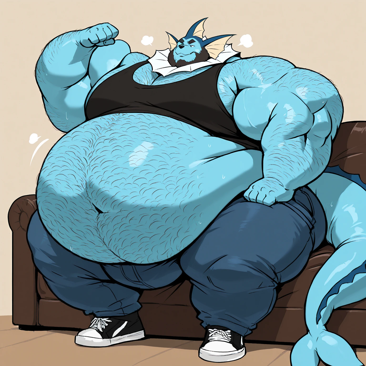 Profile picture of a ((Solo)), 1 boy, male, very largest, ((bara)), buff, extremely thickened overweight body, ((((1500 pounds)))):2, ((((((massive fluffy belly)))))):1.5, (((((massive thighs, massive curves, massive pecs, massive biceps))))):2.5, ((((blue colored)))), ((hunky)) (((Dinosaur))) with, (((dinosaur snout))):1.3, wearing collar, (((backwards cap))), (((tshirt))) and ((briefs)), (bulge, very detailed crotch bulge, bulging, horny), holding belly, looking at viewer, cute smirk, bedroom, by zackary911, by darkgem, posted on e621, posted on FurAffinity