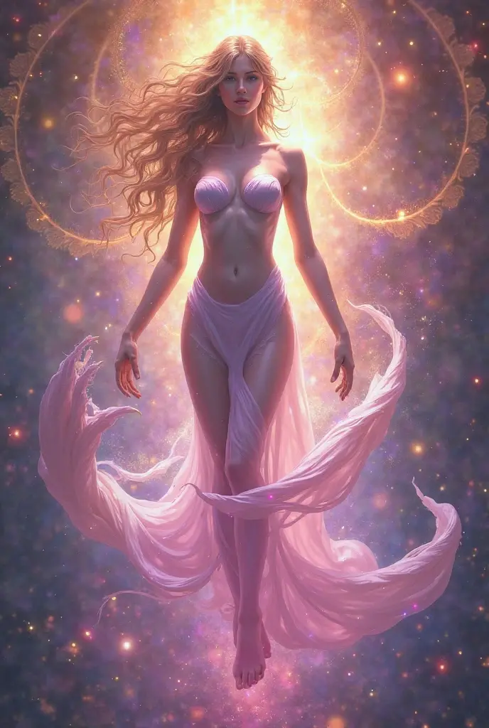 Envision an expansive astral plane, aglow with the soft luminescence of starry yellows and reds, endlessly soaring upward. Central to this celestial scape  a woman of grandeur, with a luminous white body, exuding a sense of profound power and allure. Beautiful face, Beautiful eyes, features prominent glowing attributes, as if gently interfacing with the astral fabric. The lower half of its form transitions into a dark, vaporous essence that drifts behind like a comet's tail, fusing with the astral hues. The portrait  designed to capture the magnificent presence of a being in complete harmony with the cosmos, an incarnation of the surreal and mystical.