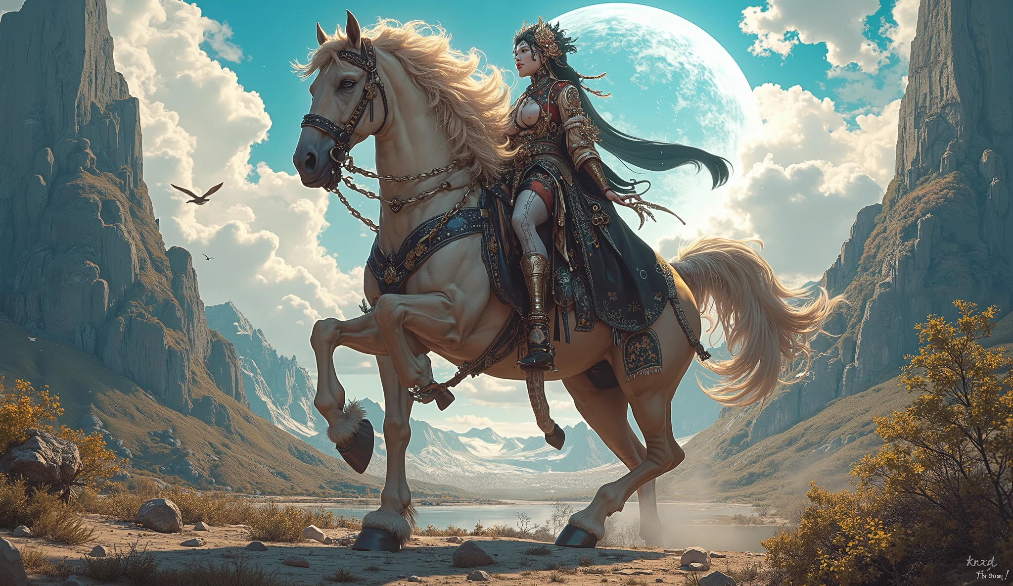 full body, warrior woman in large armor riding a horse holds a cup of liquor (cup of liquor on hand) (art inspired by Brian Froud and Carne Griffiths and Wadim Kashin, intricate details, oil painting)
