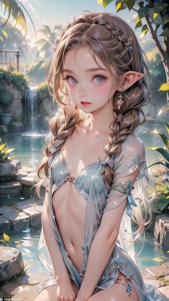 masterpiece,highest quality,Very detailed,Adventure Hentai,Cinematic,dramatic,Back view,whole body,Dynamic Views,Far corner,Low sepia effect,HD12K quality,red haired girl,(Dwarf:1.2),Brown eyes,Long Hair,In underwear,Complex Combing,Big Ears,Earrings,Big Breasts,Small hips,Fearless, (Chubby:0.9),Fountain Square pond in early summer,Soaking wet clothes,Wet Hair,Wet body,Laughing happily,Splash,Water Drop,Water Play,Sweat,Children in the background,Jojo Fashion,Bruises and gestures,