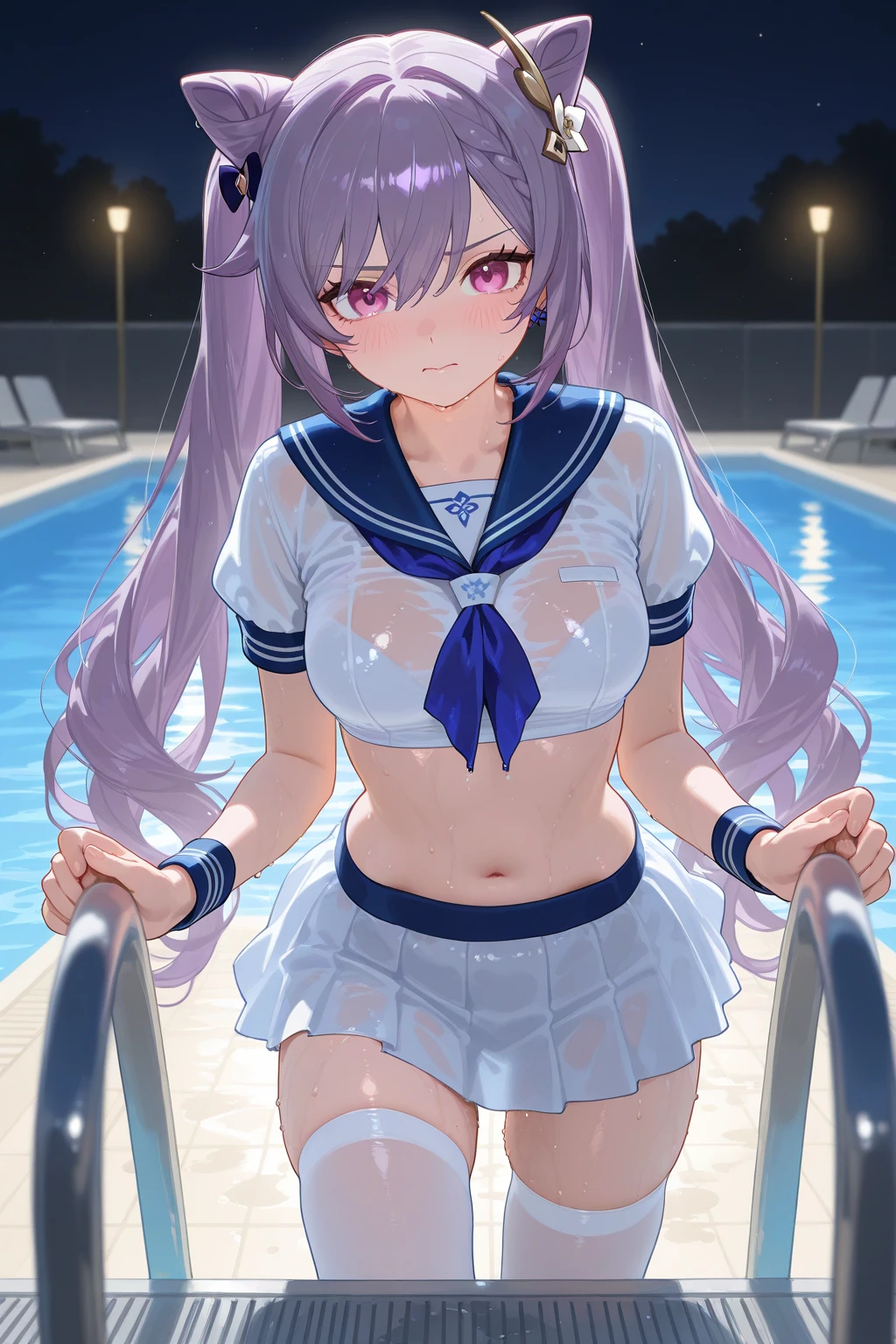White competitive swimsuit Purple long hair Great style blush Embarrassed School swimming pool
