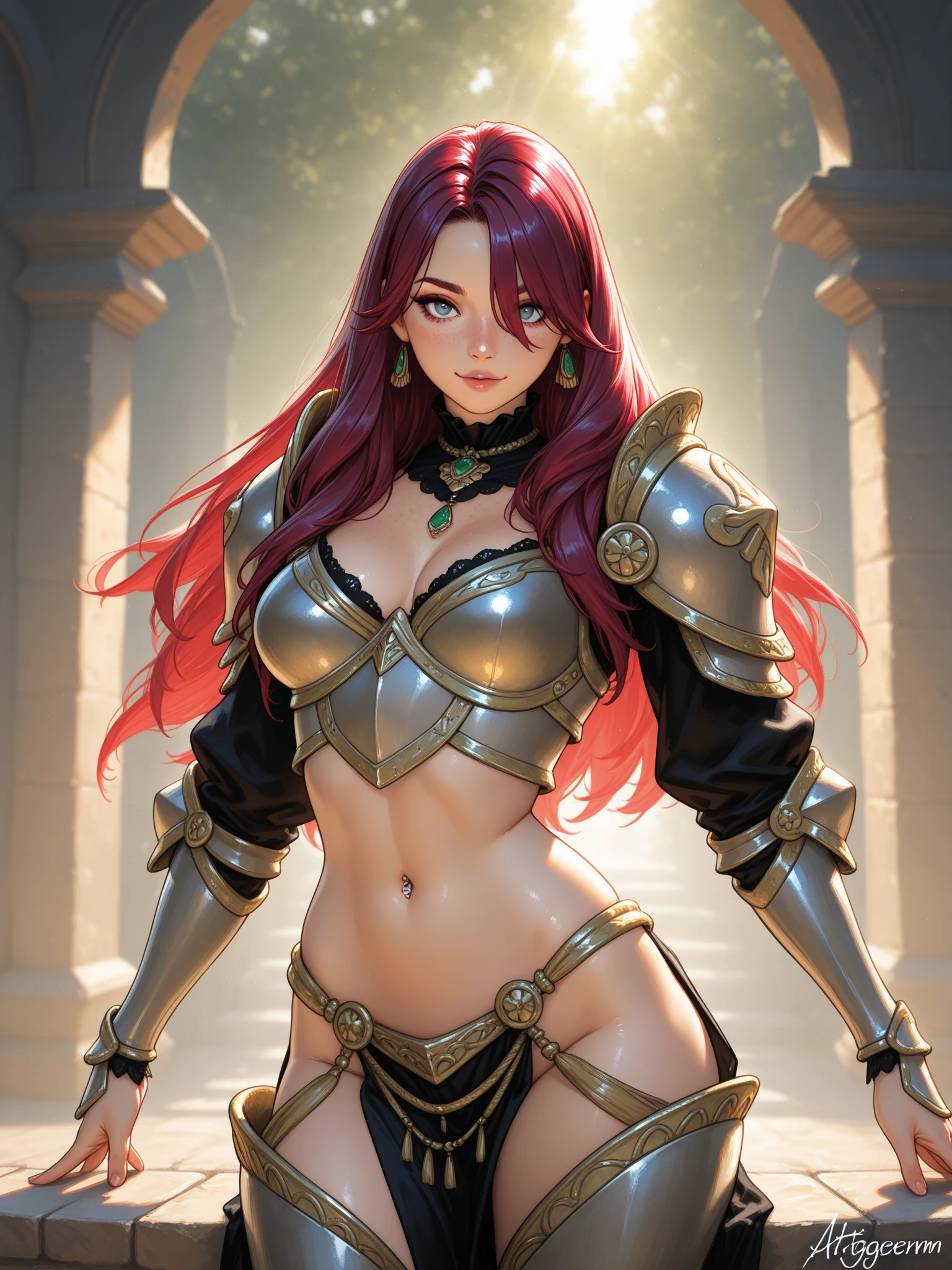 (Highest quality, masterpiece:1.4), (realism:1.2), (Realistic:1.2), (Absurd:1.2), (Realistic:1.3), One girl,Realistic Skin,alone,( Very big eyes,Beautiful attention to detail, Symmetrical eyes), ((Cowboy Shot)), Edge DQ, Long Hair, chest, smile, blue eyes, large chest, gloves, belly button, chestの谷間, Purple Hair, choker, elbow gloves, sword, Bikini Armor, Winged Helmet, Red Armor ,wearing Edge DQ_Outdoor Armor,Tied to the Cross、Scars on face、Wound on arm、Wounds on torso、wound on leg、Bleeding from the wound。
