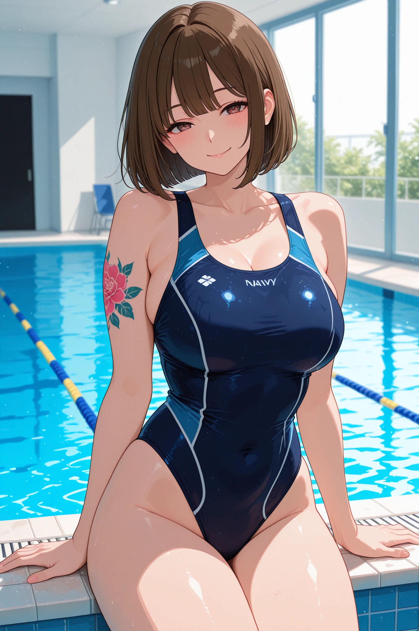 Highest quality, Official Art, masterpiece, Fabric Shading, High resolution, Very detailed, colorful, Indoor swimming pool, Best details, (Adult,30 years old, Mature Woman, conversion:1.5, Female dog, short hair, Black Hair, ponytail、clear, Beautiful Eyes、Tired Hair, Swimwear:1.5, Center of chest, Puffy nipples:1.3, skinny:1.5, Camel Toe:1.5, Public indecency:1.5, Beach:1.5, derogatory, people々々々Surrounded by:1.5 ,smile,ハイレグ競泳Swimwear