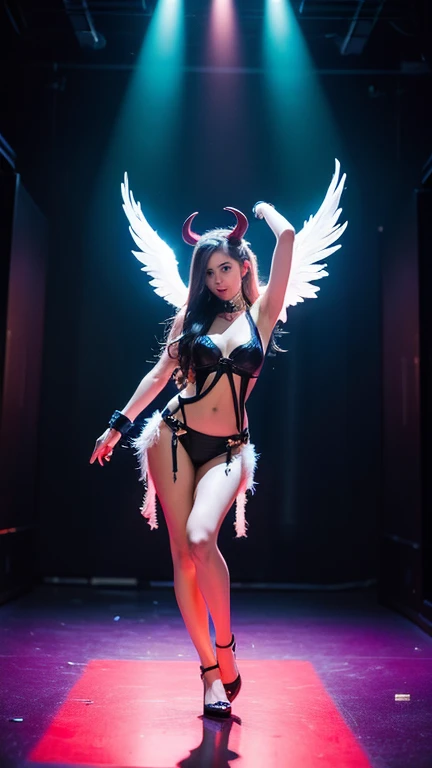 Sunglasses,satanic necklace,choker, black tie, showing , black veil, satanic earning,standing in the stage, angel, wings, White wings, holy girl, horns, lucifer, sunglasses, eye glass, black eye glass, ((naked ass)), big breasts, big ass, nsfw, ((sexy pose))