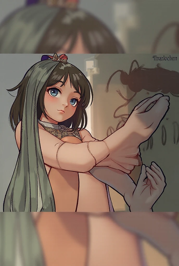 (8K、Raw photo、highest quality、masterpiece:1.2)、(realistic、Photoreal), Perfect lighting, Best lighting, skeletally correct, correct anatomy, correct nipples, correct fingers, full body, in bedroom, (nsfw, fucked silly:0.8), (yae-bonbon), 2 persons, a hetero couple, 
(1 girl and 1 boy are having sex, missionary position, bird's eye view, boy on top, penetration sex, penis into vagina, cum, ((she is lying on her back on the bed)):1.7), lovey-dovey, horny, she is crazy about his penis, obedience, slut, sex slave, rape, sex addiction, 
(orgasm face:1.4), (cry, tear:1.6), (tongue out:1.7), (wet:1.7),
green eyes, green hair, (low-tied_long_hair:1.5), (big hair:1.4), (fishnets, purple short kimono, ninja, purple Japanese clothes, fishnet bodysuit, tabi, no undressing:1.4), 
she is very young Brazilian girl, (she has shapely figure and mature hourglass body and big ass:1.3), (her breasts are extra huge, cleavage:1.9), Her waist is thin, (her body is muscle:1.4), (abs:1.2), (she has cute face), (she has baby face:1.5), (she has heart face:1.4), (she has round and big eyes:1.5), 