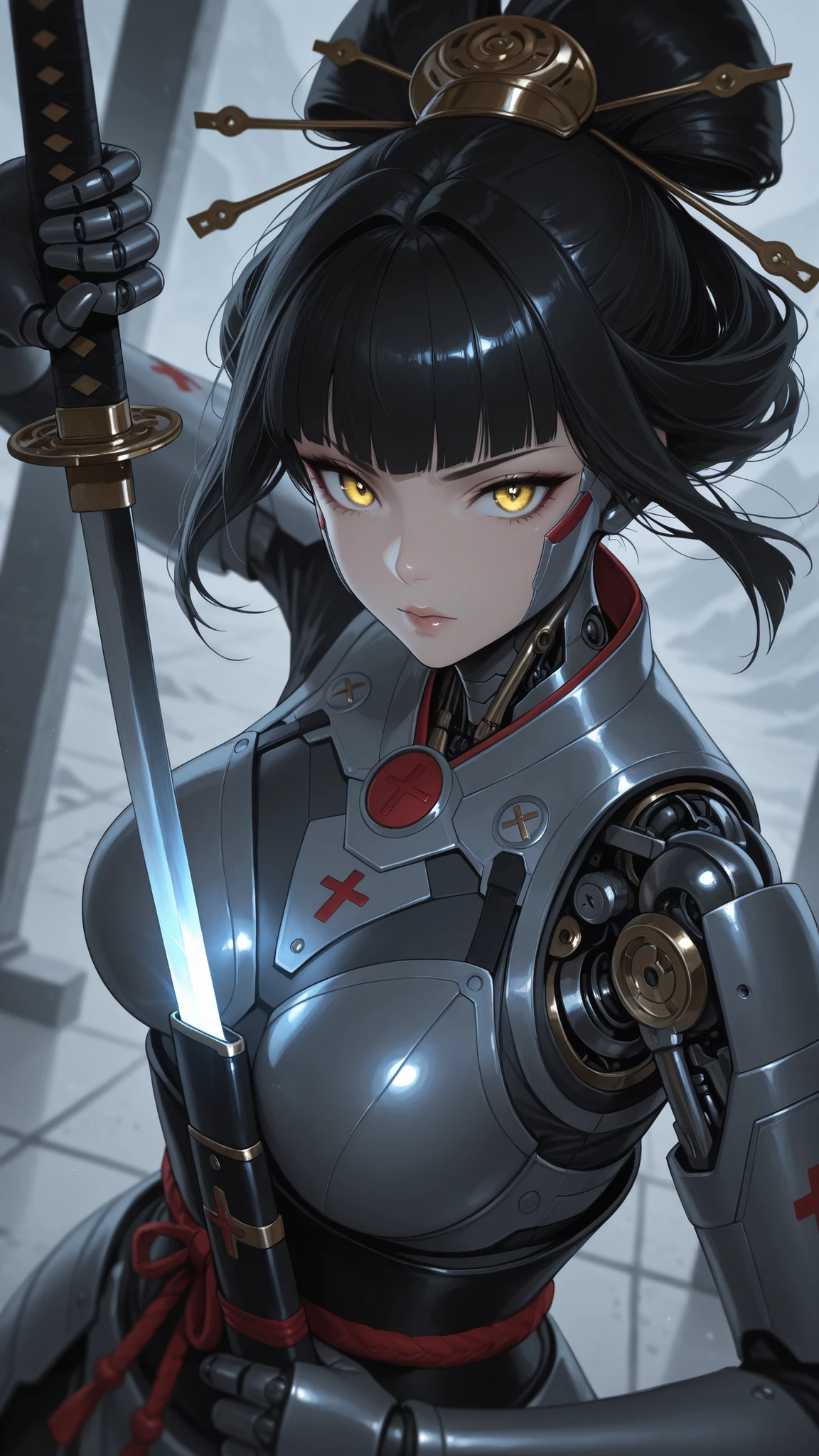 masterpiece, best quality, good quality, very aesthetic, absurdres, newest, 8K, depth of field, focused subject, portrait, dynamic angle, action shot, 1girl, woman Geisha is an android, looking at viewer, fierce look, the plastic cyborg mask is open, the mechanical parts of the robot are visible inside, the android is very sinister and dangerous, cross_draw, katana, sword_draw, iaido, one_hand_on_sheath, unsheathing, from the epic movie Ghost in Armor, spaceship in background
in the style of ckjs