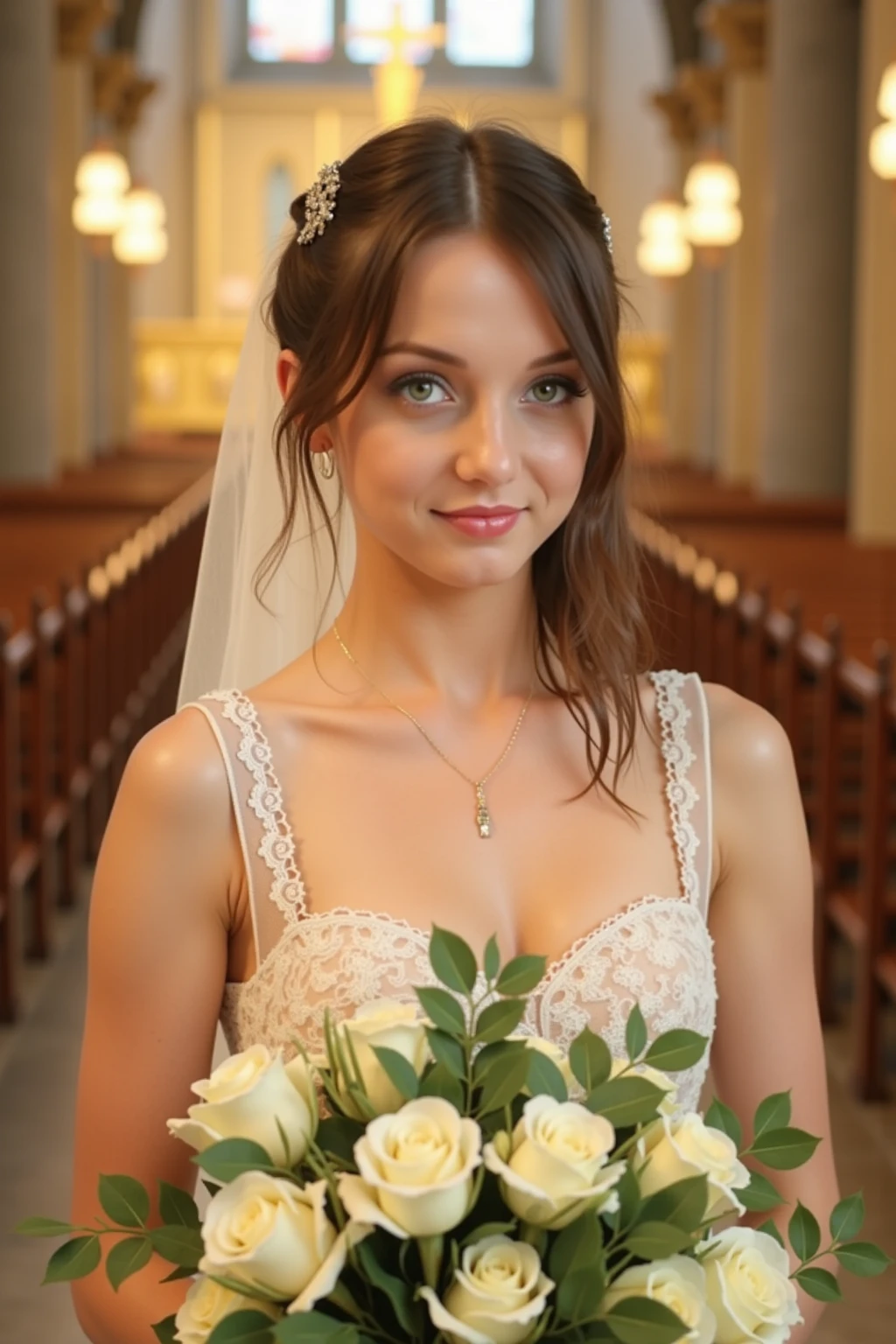 Lauren Boebert, 35 year old woman, small and dainty Christian cross necklace, glasses, brown eyes, beautiful hair, slightly wrinkled skin, wedding dress, lace, off shoulder, cleavage, sitting in church pew, bokeh,f1.4,40mm,photorealistic,raw,8k,skin pores,dried-up,textured skin,intricate details,dramatic light,award winning,style by Dan Winters,RAW photography,film grain,(indistinguishable from reality:1.4),photo taken with a Bolex H16,captivating eyes,smiling,charming,striking features,character,thorough,