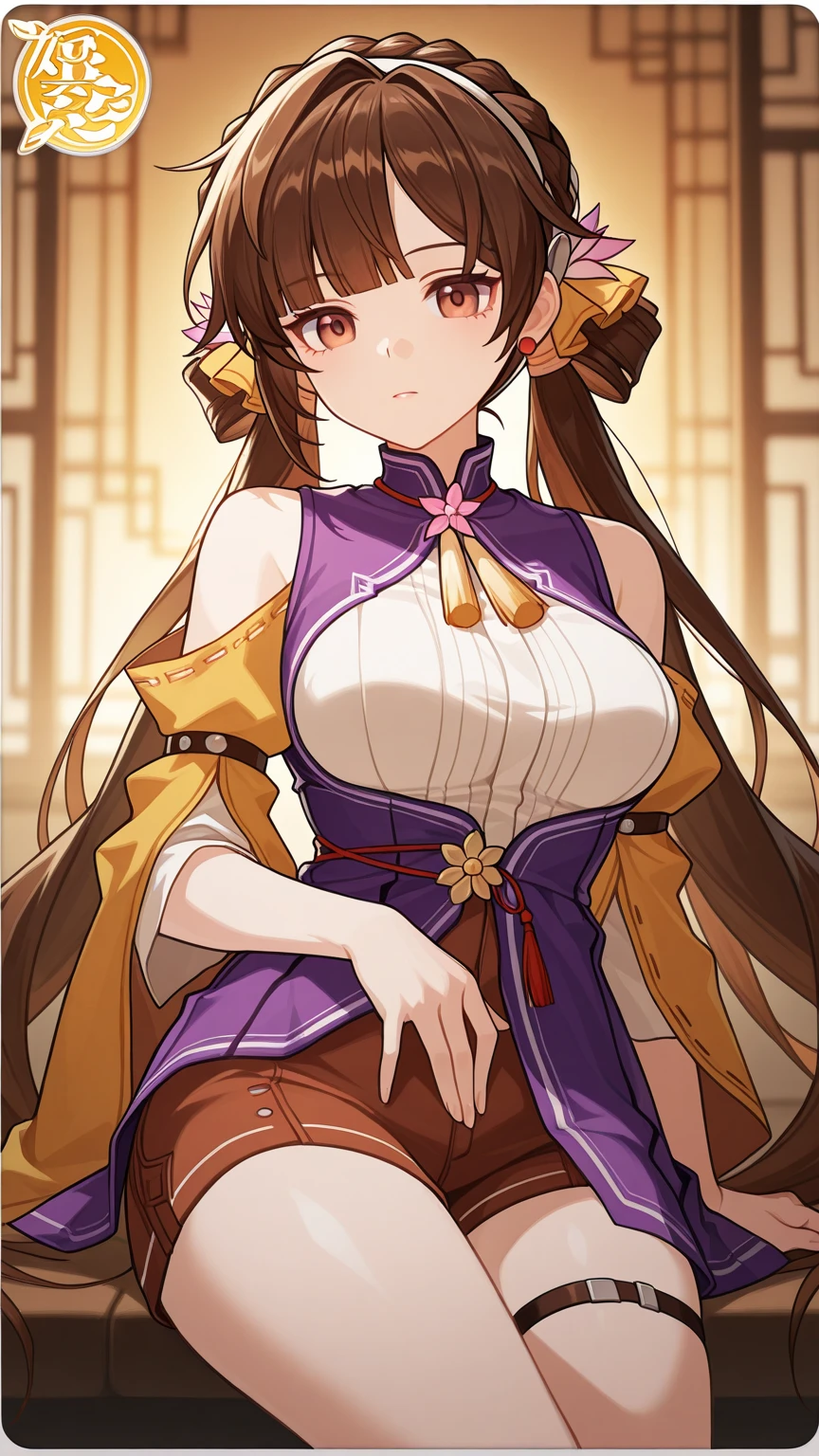 copano rickey \(umamusume\), Smile, gray tight Chinese dress, Gold patterns, Sleeveless, Shorts, pantyhouse, large breasts, Needle control, Masterpiece, hiquality, 4k, HD, Good detail