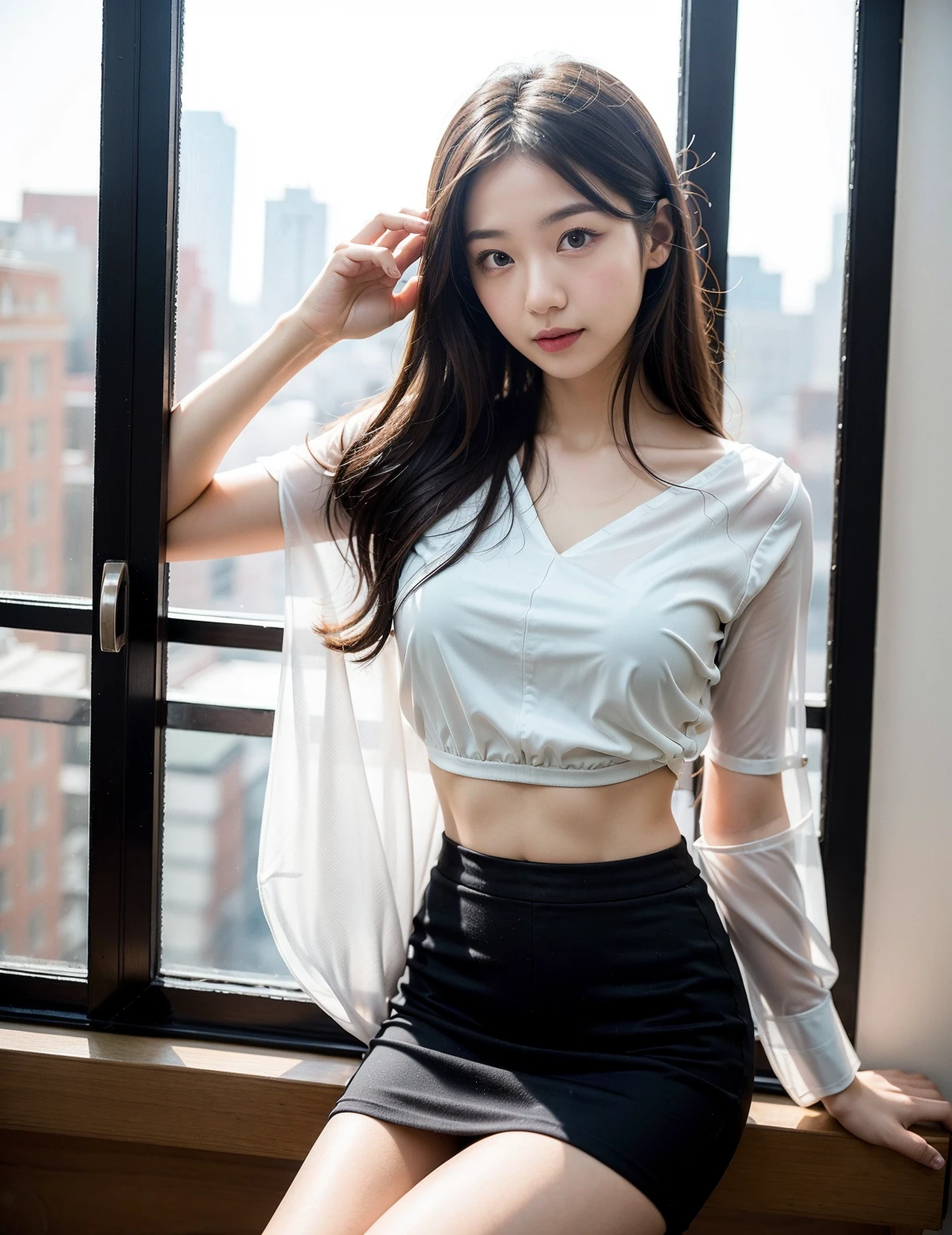 (8K, RAW photo, Best quality, tmasterpiece:1.2), (Realistic, photo-realistic:1.4), (Extremely detailed CG unifies 8K, 8K,  the wallpaper), （1 girl：1.5），Pink skinny T-shirt，，Pale skin，largeeyes，Open navel，Ice silk wide-leg pants,beautiful hairl，high ponytails，（Beautiful 1.2）Beautiful huge breasts，Apricot fitted wide-leg pants，cropped shoulders，Slender beautiful legs。Towering buildings loom overhead。The setting sun was raging around her，Add an epic sense of scale and drama。The lights are dark，Photorealsitic，Girly，Particles smile，Look at each other，There is affection in the eyes