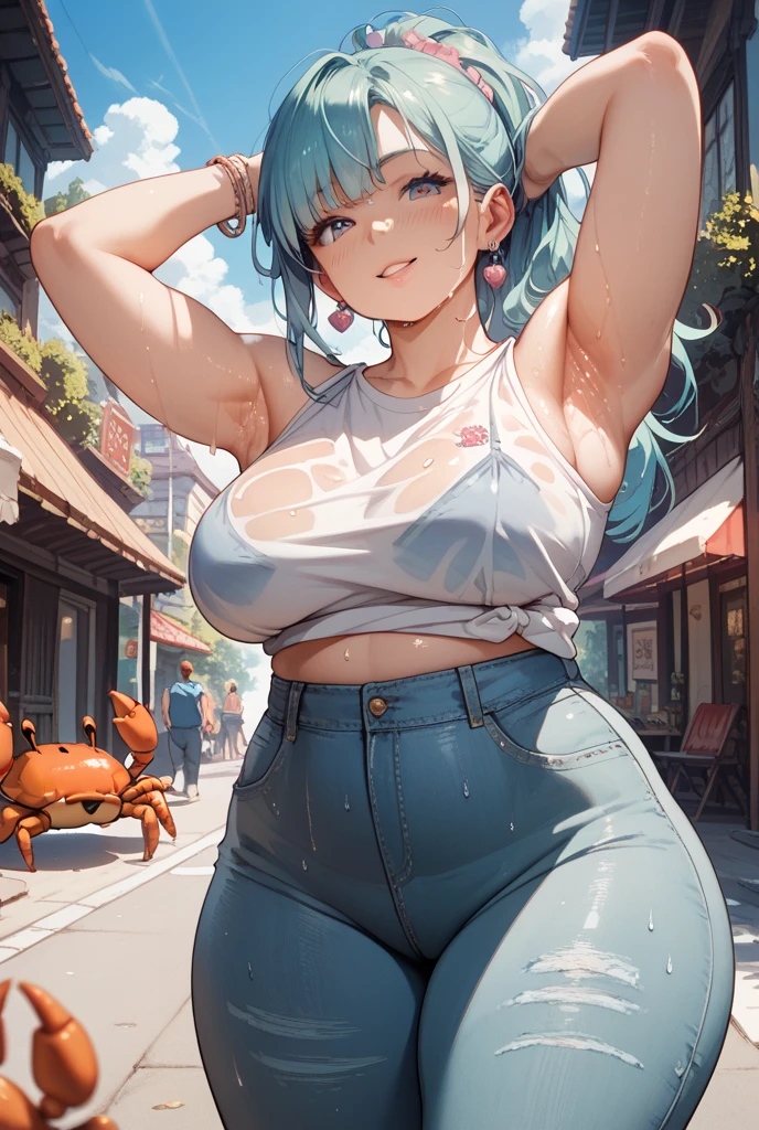 Masterpiece, high quality, best quality, beautiful, HD, perfect lighting, detailed face, ultra cute face, detailed body, ((1girl)), ((solo)), blue hair, medium hair, messy hair, ponytail, green eyes, looking at viewer, confidant smile, ((blush)) large breasts, cleavage, covering, perky breasts, ((massive hips)), (((thick thighs))), (((thicc))), ((fat ass)), (she has a jiggly fat belly), (((chubby))), ((chubby belly)), chubby female, ((((fat folds)))), belly hang, crop top, shorts, ((undersized shorts)), far future, (cyberpunk), neon lights, in public, facing to the side, dynamic angle,