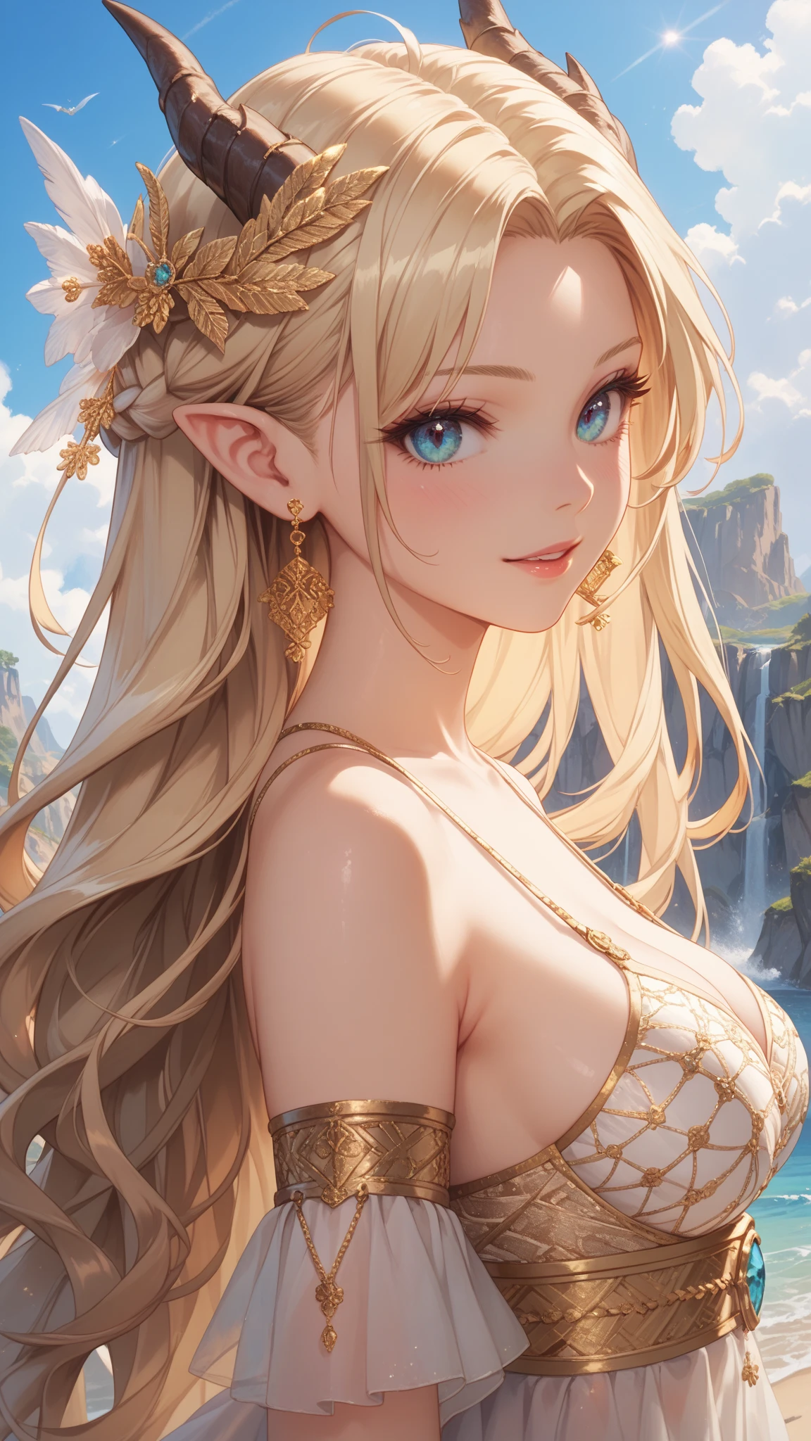  work of art, epic details, ultra detaild, best resolution, blonde, Braided hair, (BEAUTIFUL ELF), crown with crystals {olhos ultra detailds} ((rosto angelical)), sculptural body, (medieval peasant clothing ((perfect hands))), ((expression of happiness)), (Grinning), great smile, Simple smile,
medieval scenery, Tavern