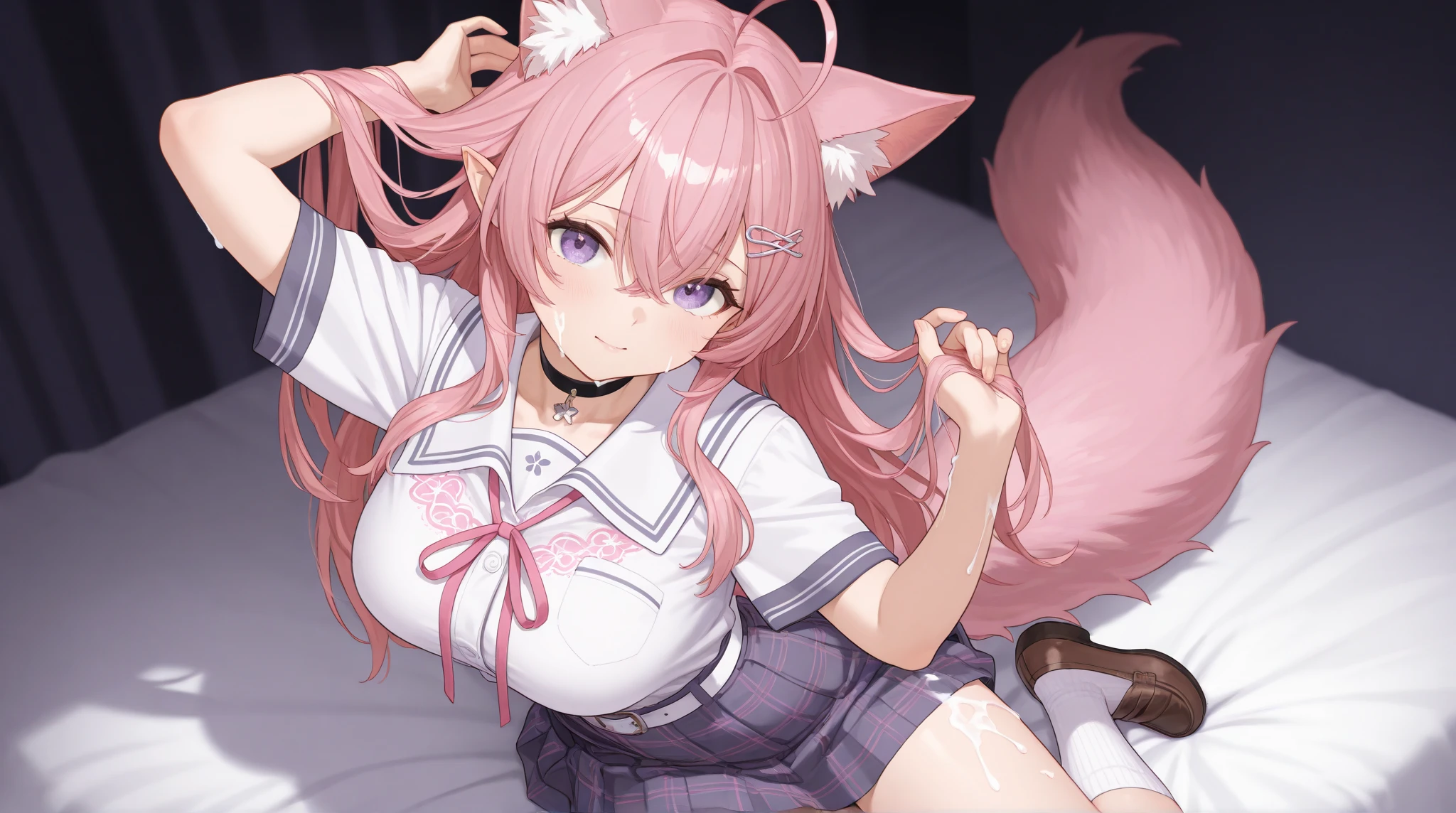 highest quality、dark pubic hair、insert penis into vagina、hold the penis、have sex with a man、mini skirt、naked、sweaty、Covered in semen、orgasm、heavy breathing、 into the vagina、vaginal opening