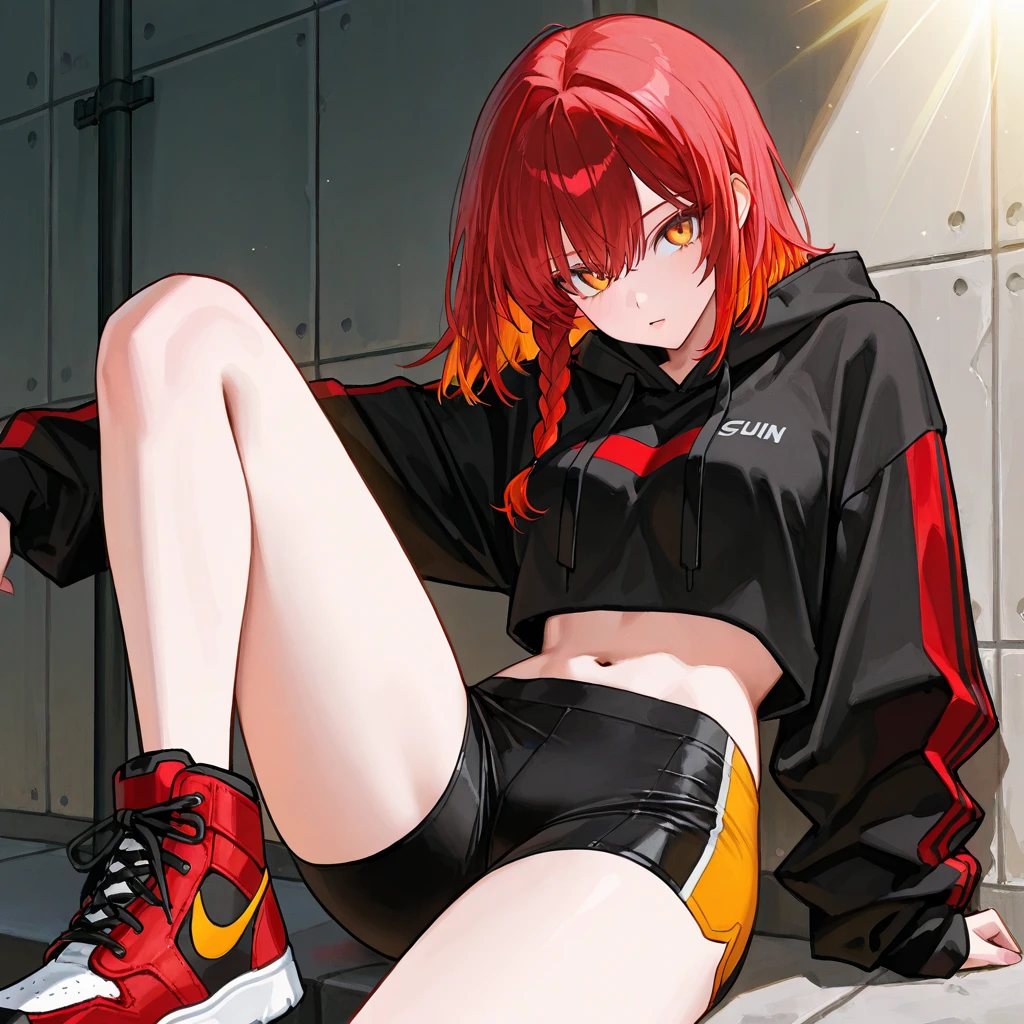 tomboy girl, red hair, cool black open short jacket, messy fade cut hair, on futuristic neon night street background, straight front center, sit pose