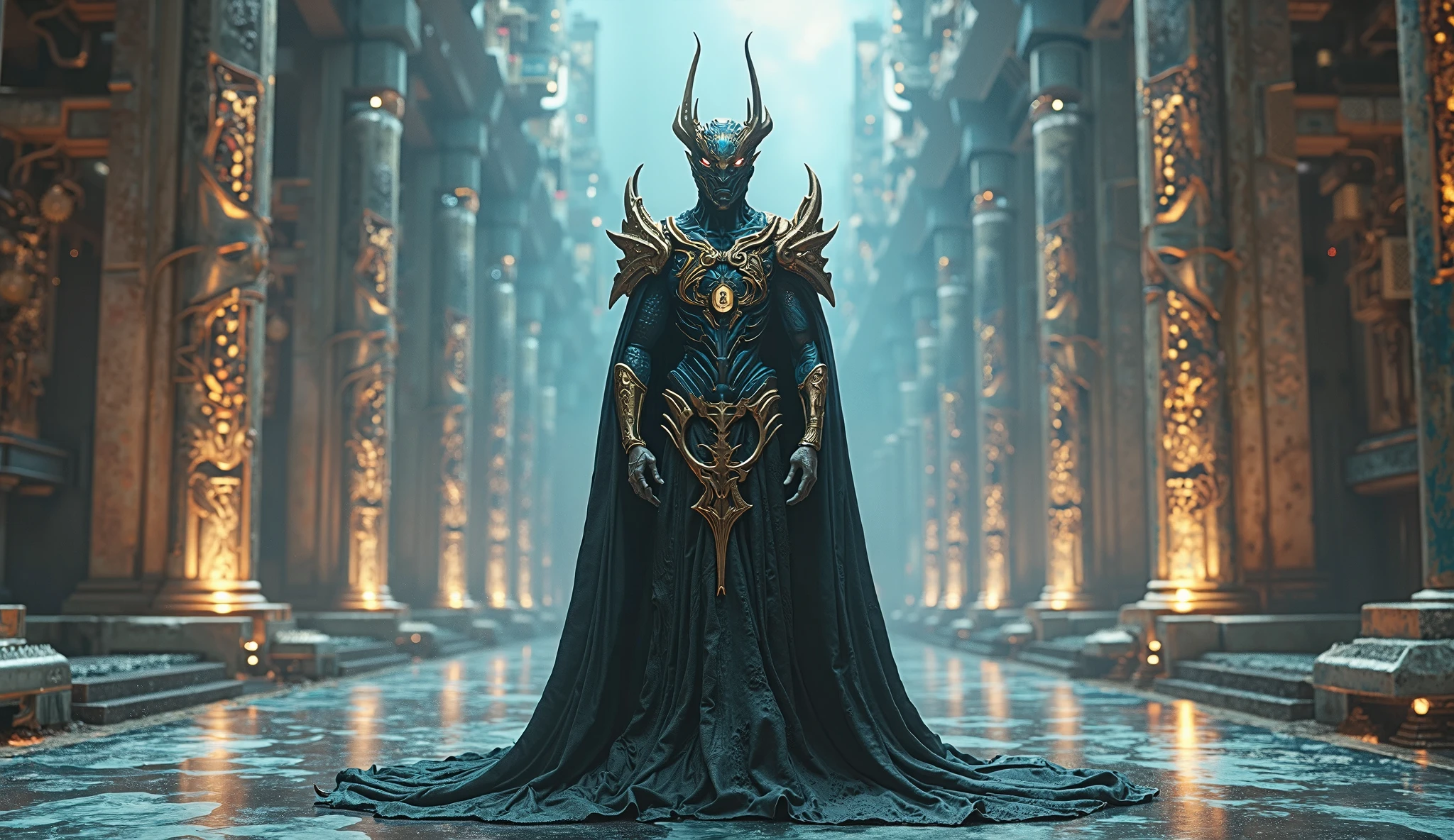 ((raw photo)), ((masterpiece)), anthropomorphic humanoid NagaSerpentGod wearing cloak, long sleeves, golden crest, intricate detail, futobot, intricate Greebles parts, dramatic lighting, rim lighting,