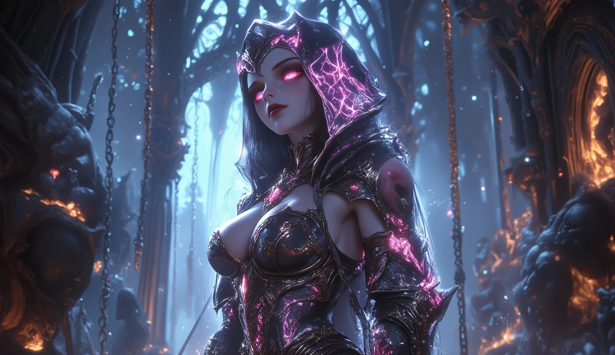 Create a hyper-detailed photo of a tattooed, jungen, sexy female berserker death knight, Breathtakingly perfect beautiful soft feminine face, Perfektes Make-up, detaillierte, glowing Florent neon eyes, langes Haar, hochdetaillierte, beautiful legs , hochdetaillierte, beautiful arms, perfekte, sexy Sanduhrfigur, detailed smooth skin , riesige Brust, big round ass, sexy seductive transparent death knight armor, Ketten-Schmuck,