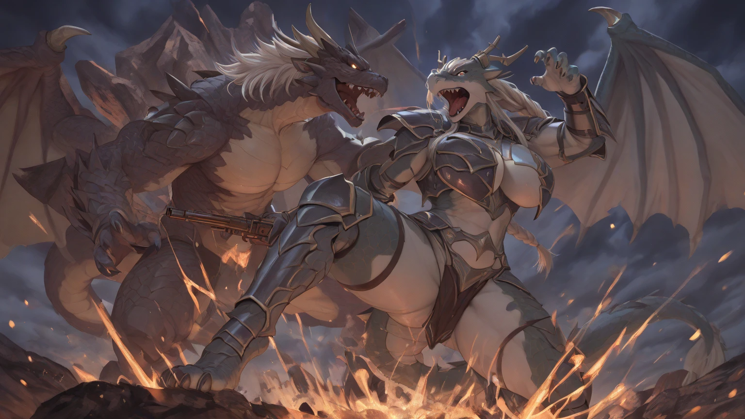 an extremely talented impressionist painting of mature AurothDOTA wyvern in a middle of medieval town in terra sancta, on the march, flags, crowd, crowd of soldiers, masterpiece, best quality, ultra-high-detailed, feral, female, anthro, detailed scales, slim body, athletic, curvy, light blue mane, uploaded on e621, nsfw, questionable content, scalie, wings, wyvern, focus on face, shy, blue colored blush, covering breast, visible breasts, large breasts, skimpy armor, panties, leather belts