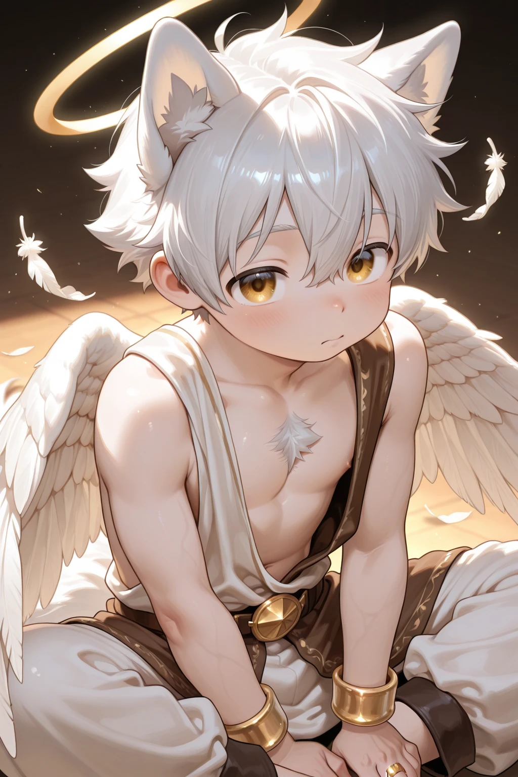 Kemoshota, naked, dynamic angle, nudity, holy, sacred, divine, clear sky, Cupid, albino white fur, innocent naked boy, naivety, golden eyes, flying freely, open legs, baby boy, backlight, halo, close-up